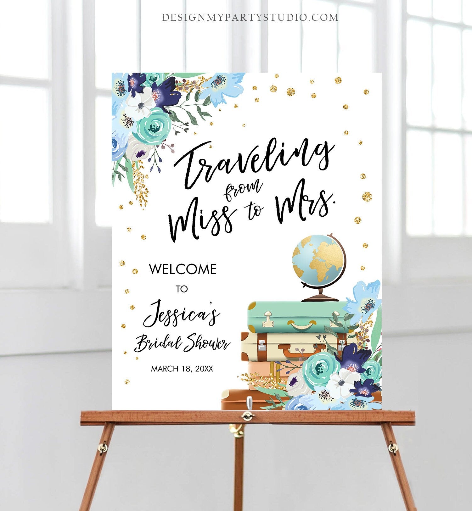 Editable Miss to Mrs Welcome Sign Bridal Shower Traveling From Miss to Mrs Adventure Love is a Journey Floral Blue Teal Corjl Template 0030