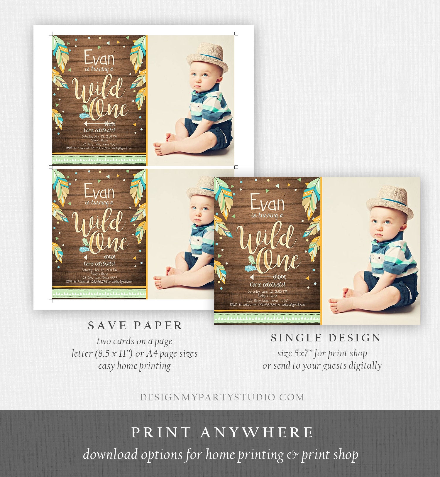 Editable Wild One Invitation Tribal Feathers Boy Green Teal Coral Mint Wood Gold First Birthday 1st Boho Photo Corjl Template Printable 0038