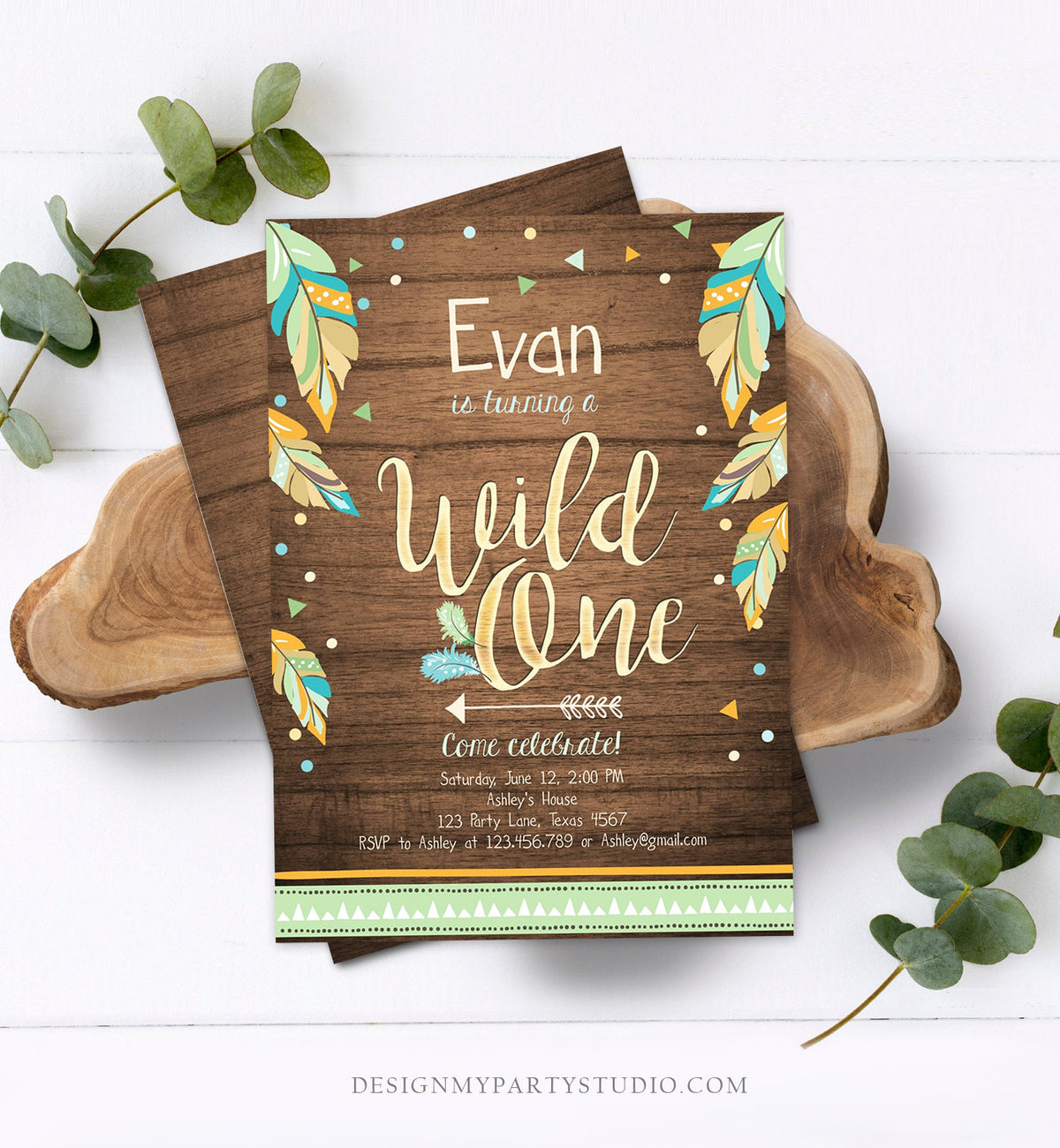 Editable Wild One Invitation Tribal Feathers Boy Green Teal Coral Mint Wood Gold First Birthday 1st Boho Photo Corjl Template Printable 0038