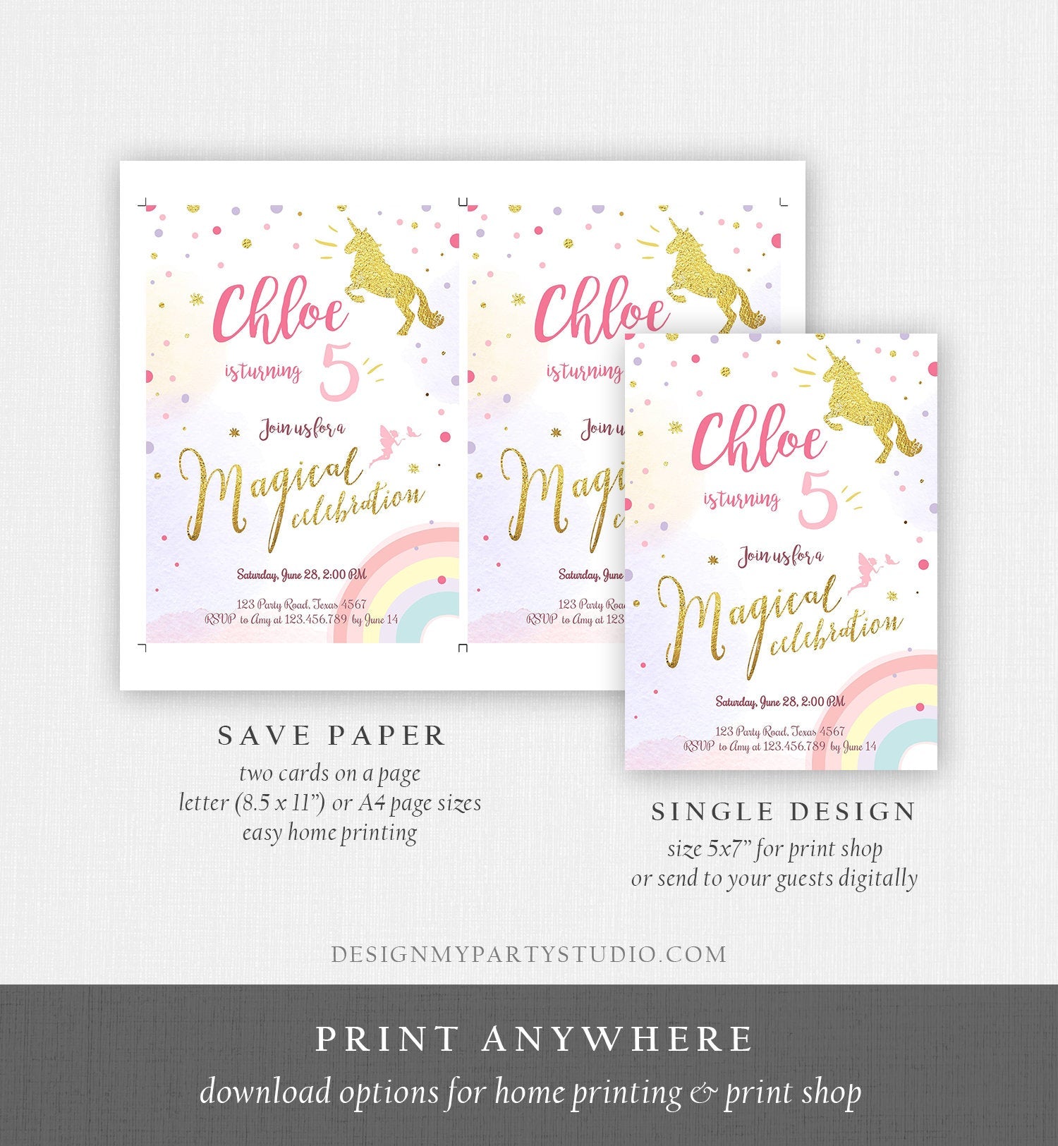 Editable Rainbow Unicorn Birthday Invitation Unicorn Magical Birthday Girl Gold Pink Instant Download Printable Template Digital Corjl 0041