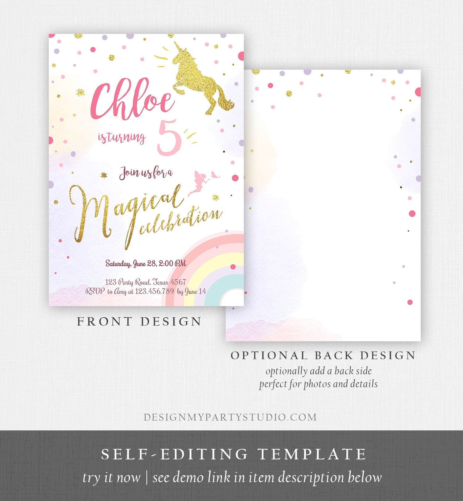 Editable Rainbow Unicorn Birthday Invitation Unicorn Magical Birthday Girl Gold Pink Instant Download Printable Template Digital Corjl 0041