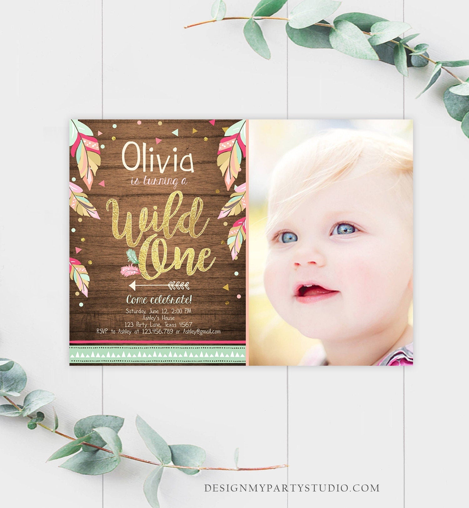 Editable Wild One Invitation Tribal Feathers Girl Pink Teal Gold Wood Mint First Birthday 1st Boho Photo Corjl Template Printable 0038