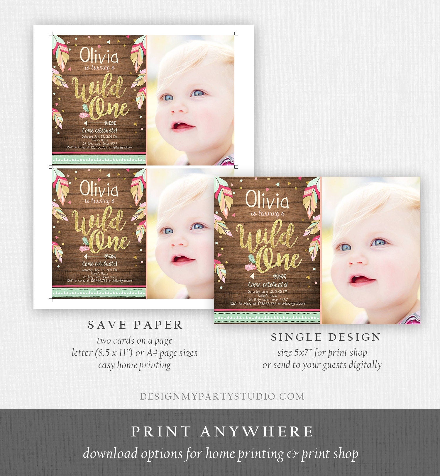 Editable Wild One Invitation Tribal Feathers Girl Pink Teal Gold Wood Mint First Birthday 1st Boho Photo Corjl Template Printable 0038