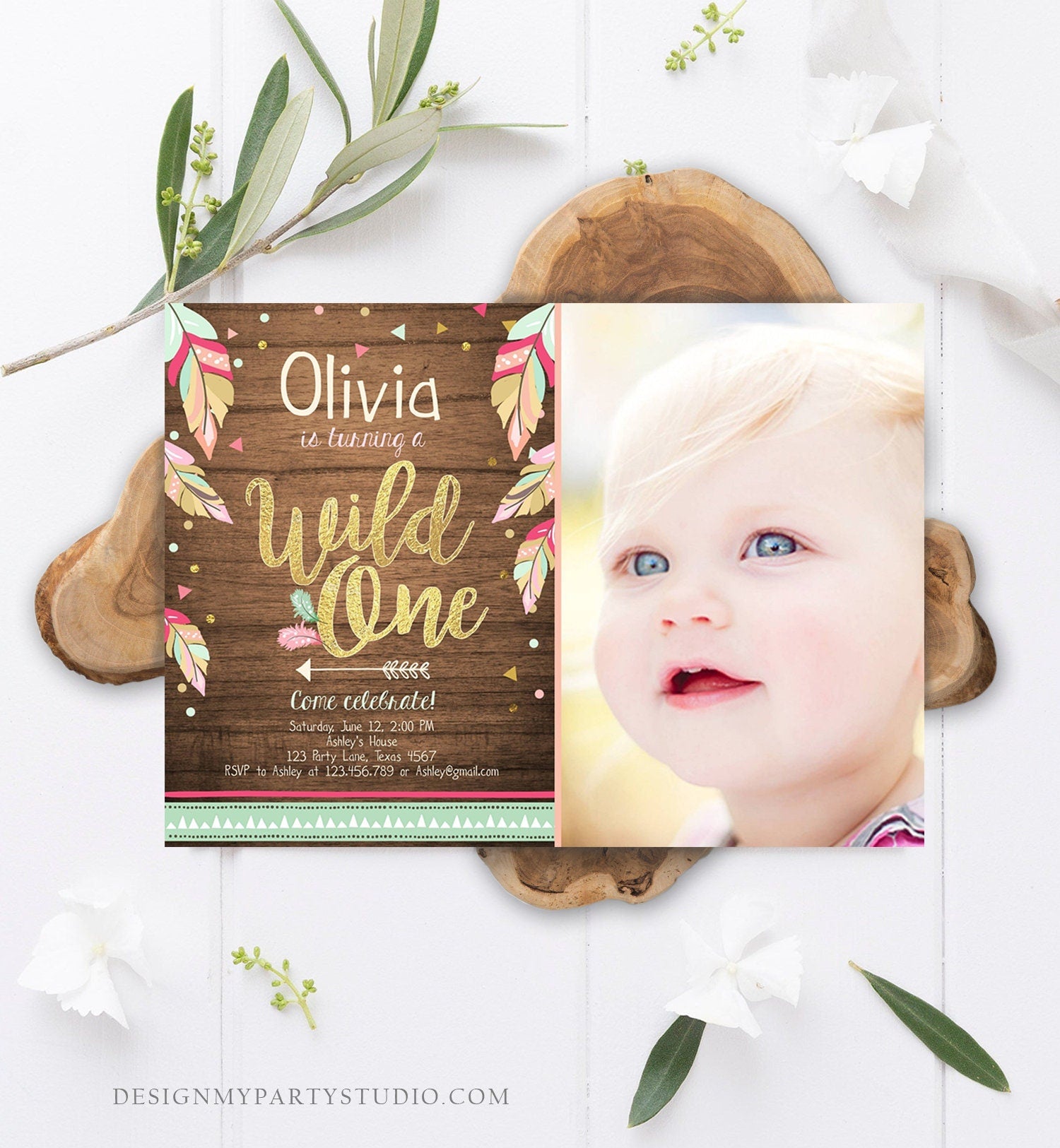 Editable Wild One Invitation Tribal Feathers Girl Pink Teal Gold Wood Mint First Birthday 1st Boho Photo Corjl Template Printable 0038