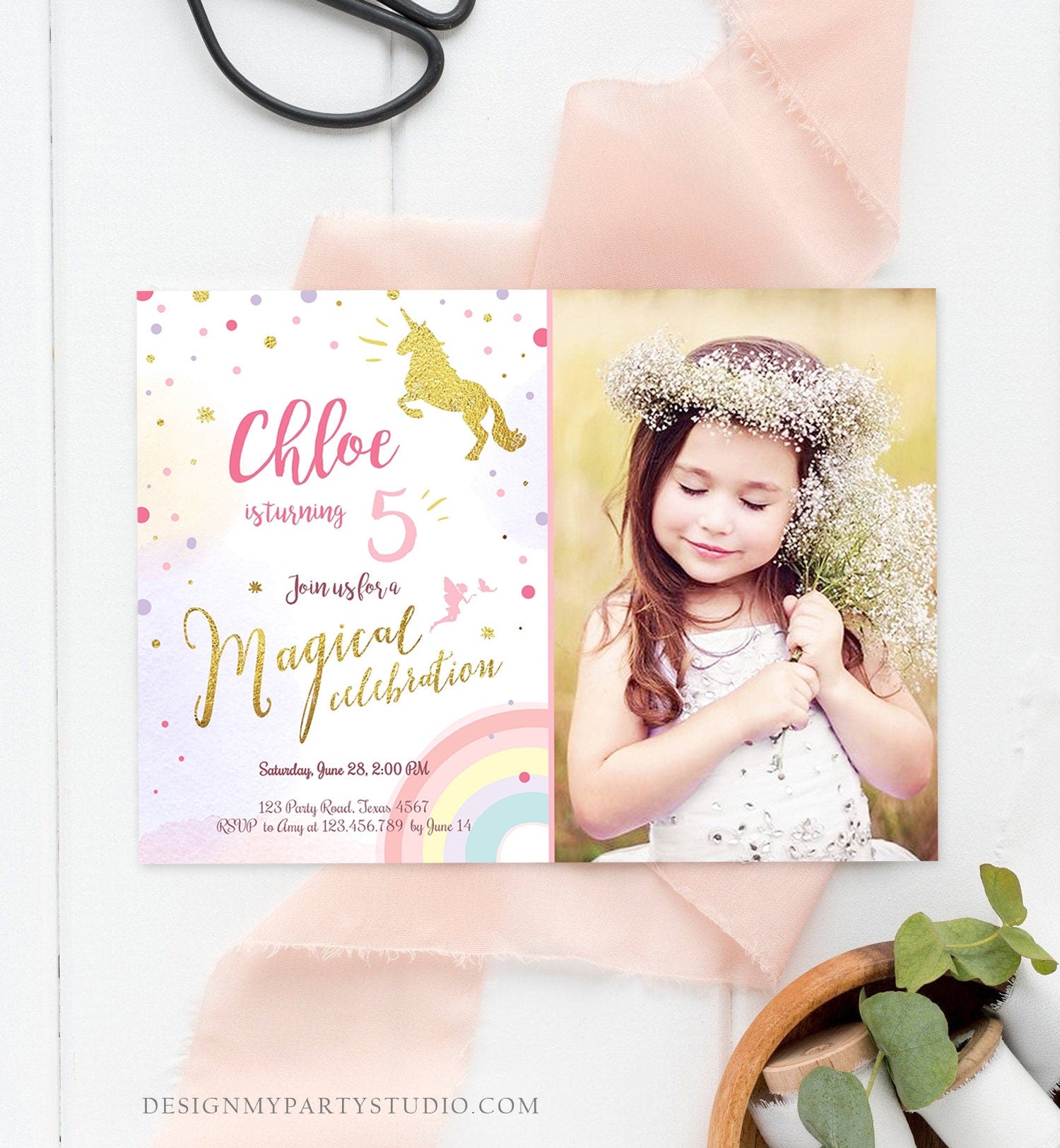 Editable Rainbow Unicorn Birthday Invitation Unicorn Magical Birthday Girl Gold Pink Instant Download Printable Template Digital Corjl 0041