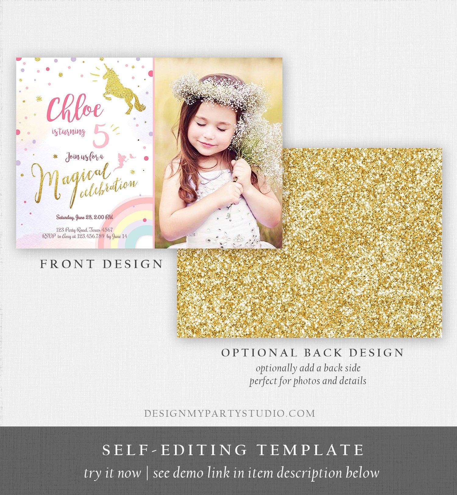 Editable Rainbow Unicorn Birthday Invitation Unicorn Magical Birthday Girl Gold Pink Instant Download Printable Template Digital Corjl 0041