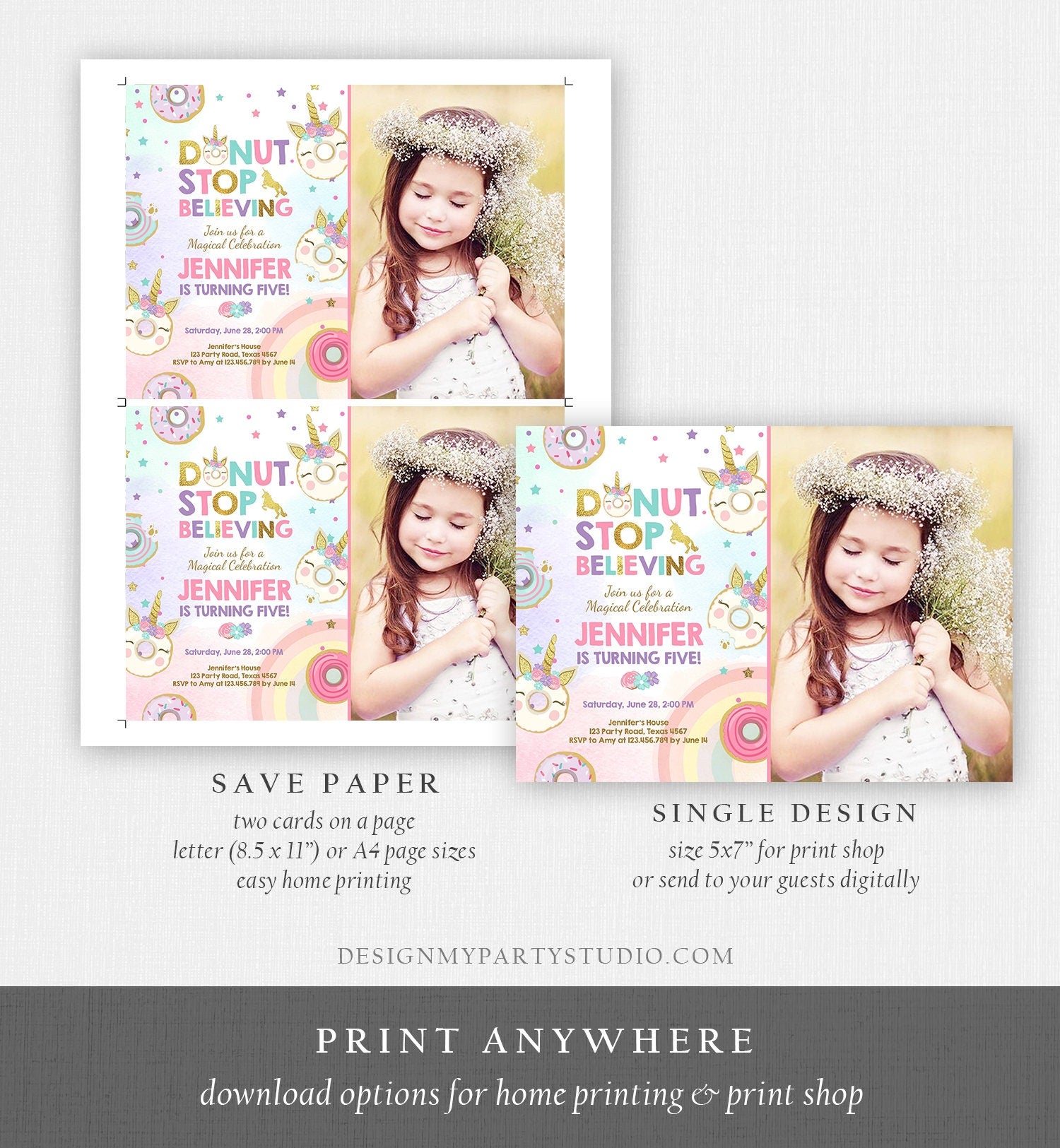 Editable Unicorn Donut Birthday Invitation Donut Stop Believing Magical Rainbow Girl Pink Purple Gold Glitter Printable Corjl Template 0041