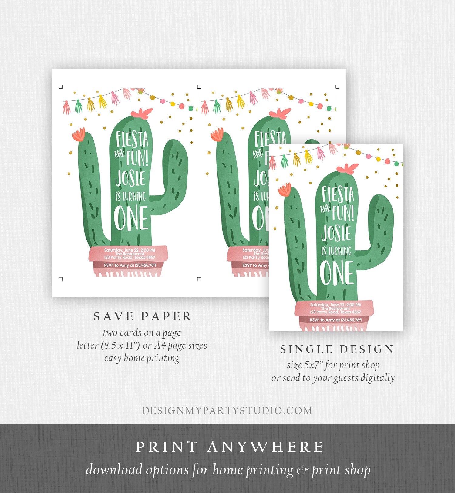 Editable Cactus Fiesta Birthday Invitation Girl Pink First Birthday Succulent 1st Mexican Fiesta and Fun Corjl Template Printable 0255