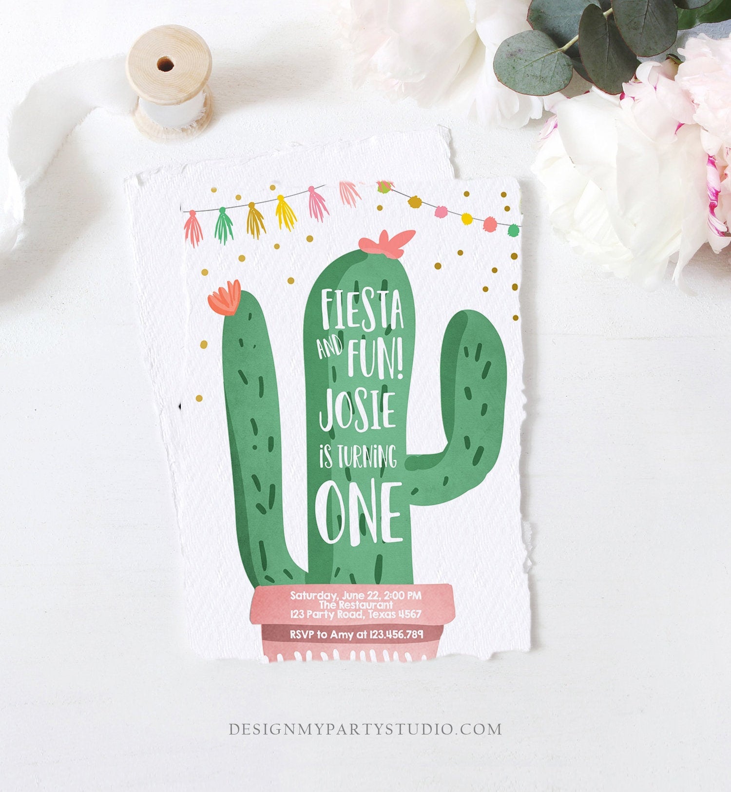 Editable Cactus Fiesta Birthday Invitation Girl Pink First Birthday Succulent 1st Mexican Fiesta and Fun Corjl Template Printable 0255