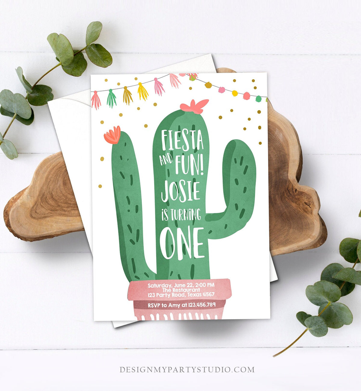 Editable Cactus Fiesta Birthday Invitation Girl Pink First Birthday Succulent 1st Mexican Fiesta and Fun Corjl Template Printable 0255