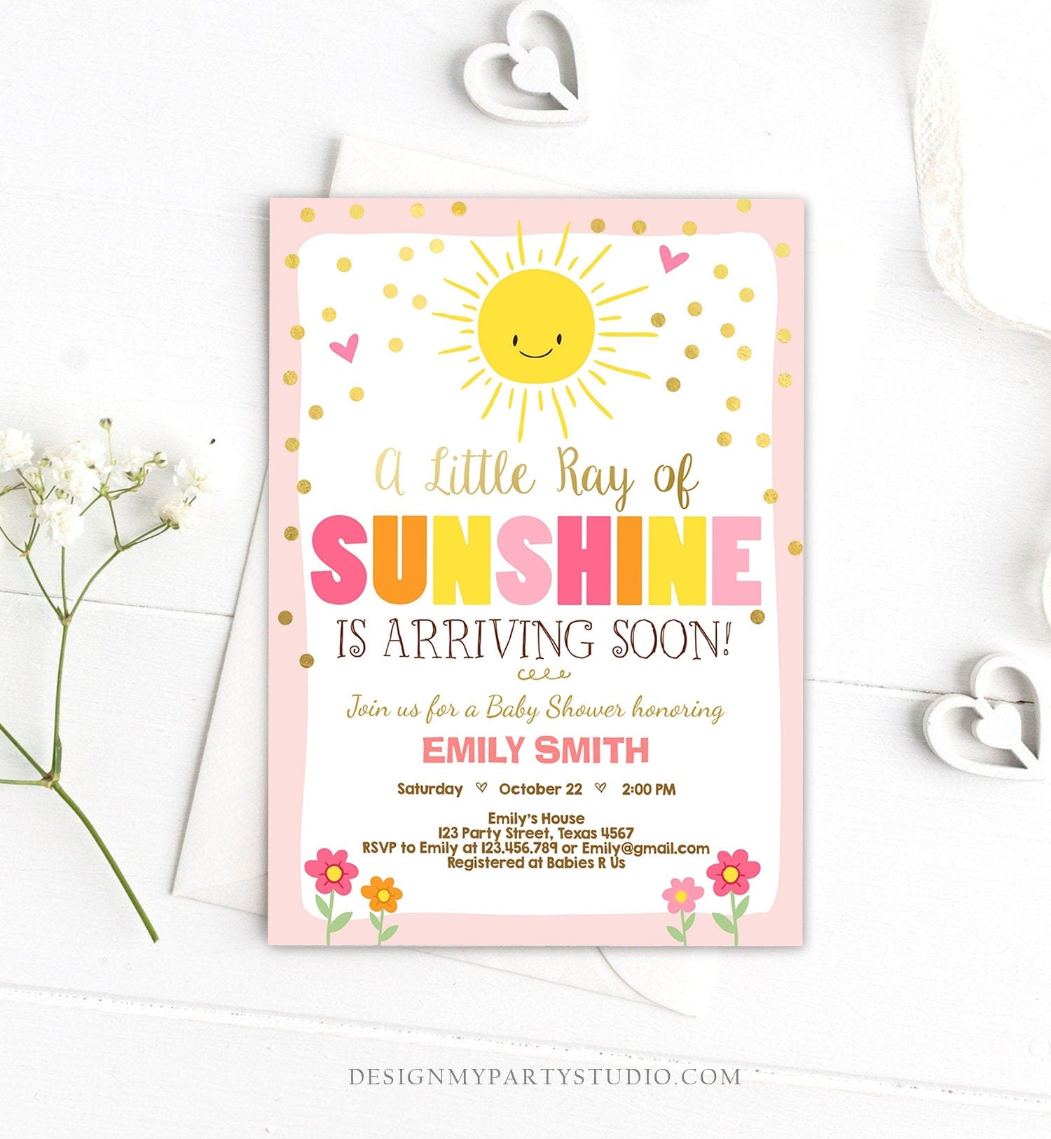 Editable Baby Shower Invitation A Ray of Sunshine Little Sunshine Pink Gold Girl Shower Invite Template Instant Download Digital Corjl 0070