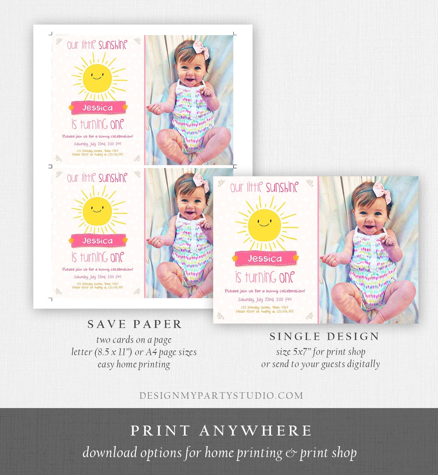 Editable Our Little Sunshine Birthday Invitation You Are My Sunshine First Birthday 1st Yellow Pink Girl Download Corjl Template 0212