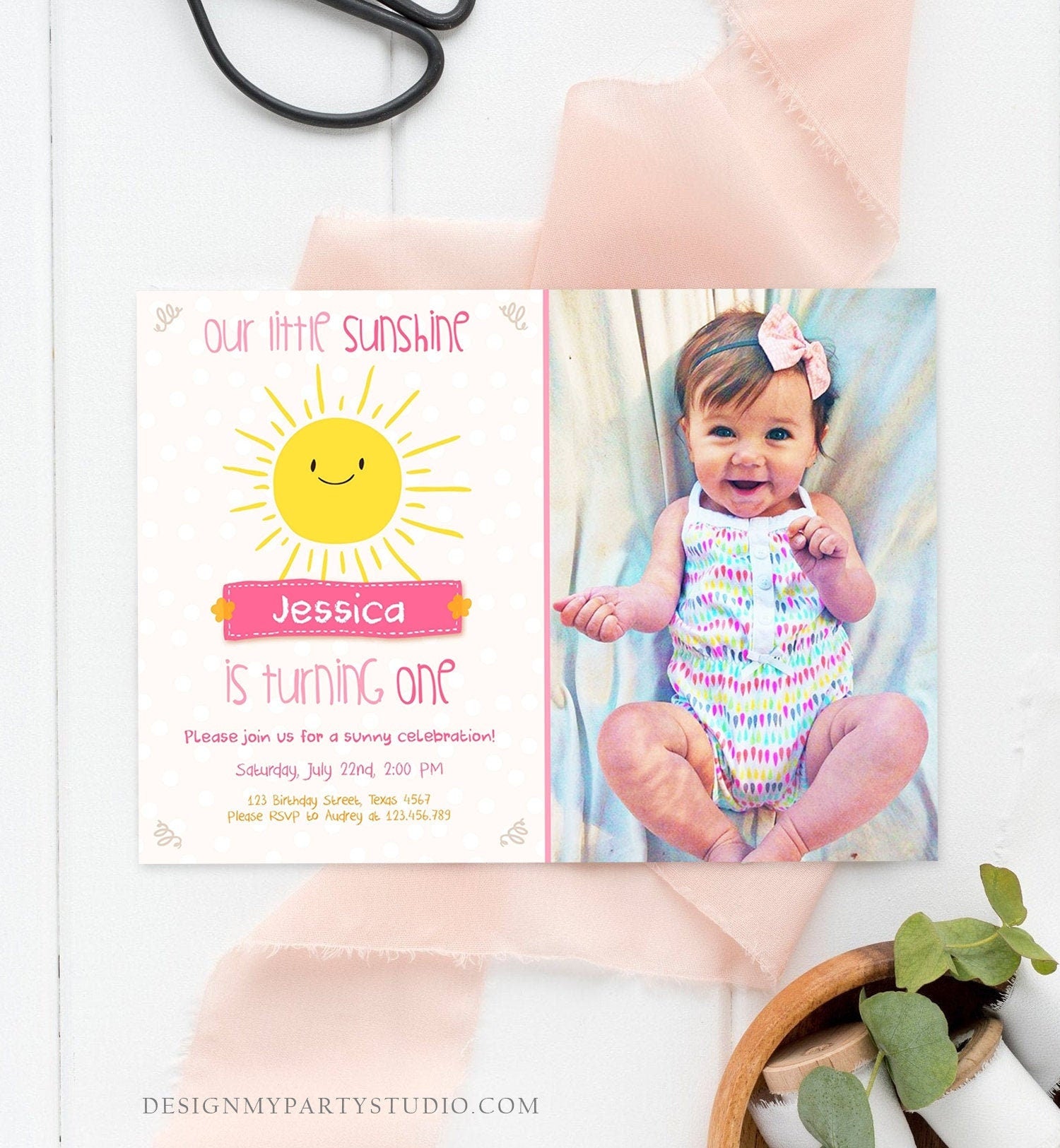 Editable Our Little Sunshine Birthday Invitation You Are My Sunshine First Birthday 1st Yellow Pink Girl Download Corjl Template 0212