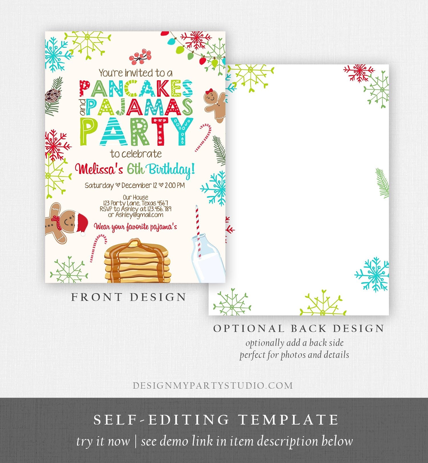 Editable Christmas Pancakes and Pajamas Birthday Invitation Pancake Gingerbread Milk Party Download Printable Corjl Template Digital 0271