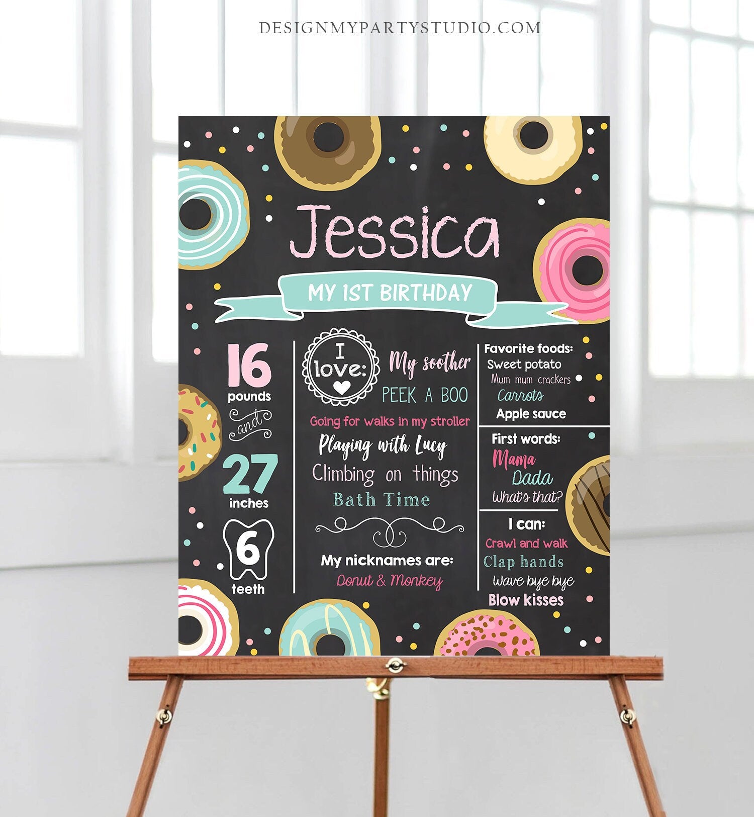 Editable Donut Birthday Milestones Sign Donut Birthday First Birthday 1st Birthday Girl Pink Instant Download Template Printable Corjl 0050