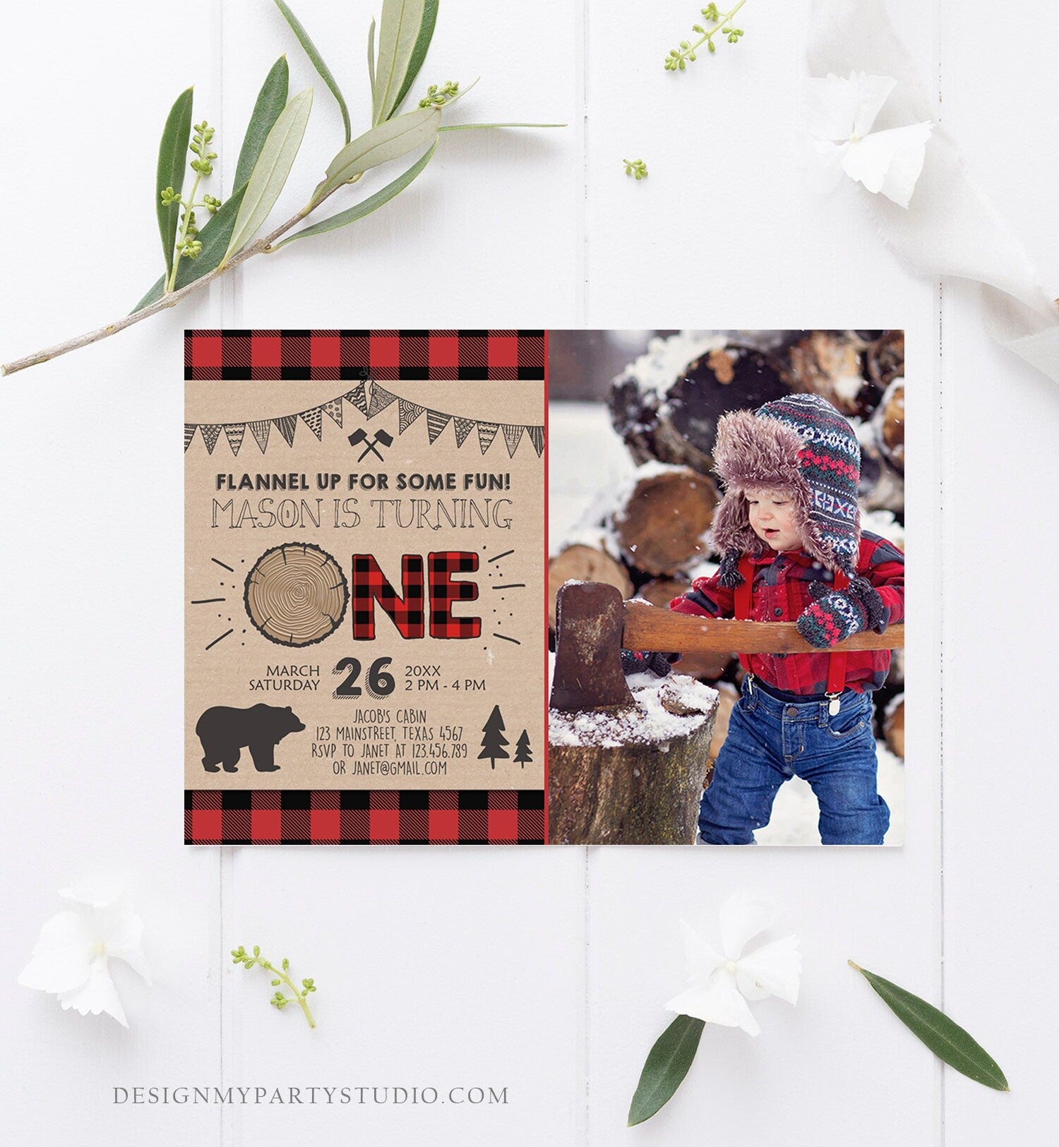 Editable Lumberjack Birthday Invitation Rustic Woodland Birthday Bear Forest Red Plaid Instant Download Printable Template Corjl 0026