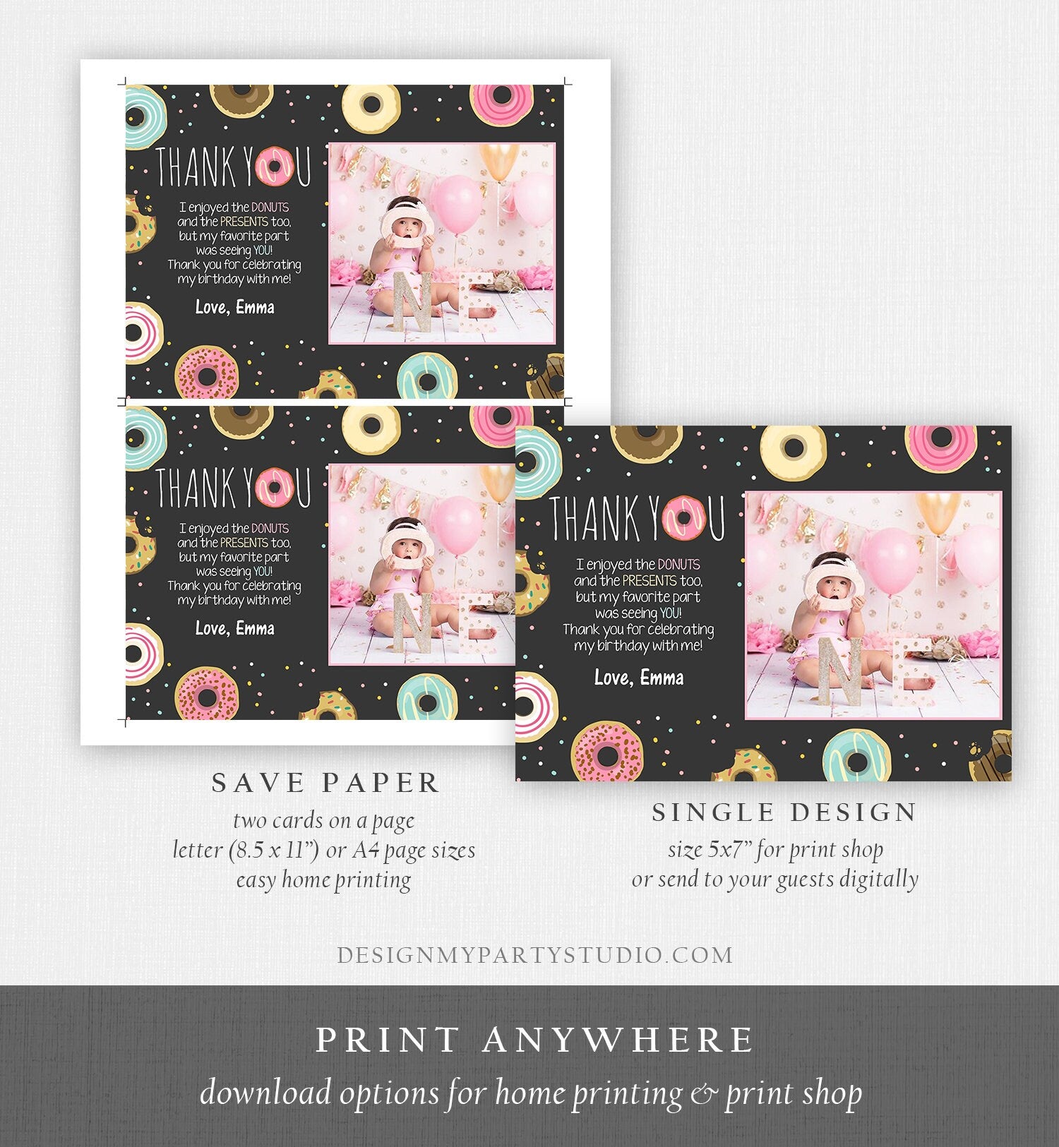 Editable Donut Thank You Card Note Pink Girl Birthday Party Doughnut Thank You Photo Sweet First Birthday 1st Corjl Template Printable 0050