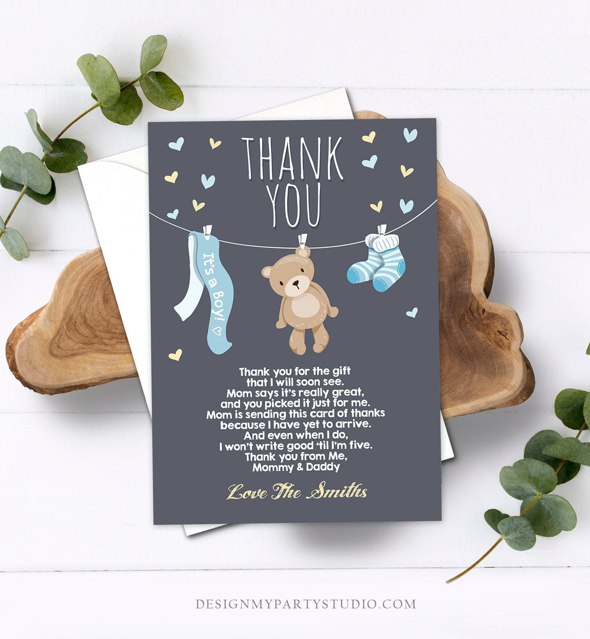 Editable Baby Shower Thank You Card Teddy Bear Thank You Note Shower Boy Blue Woodland Animals Template Instant Download Digital Corjl 0025