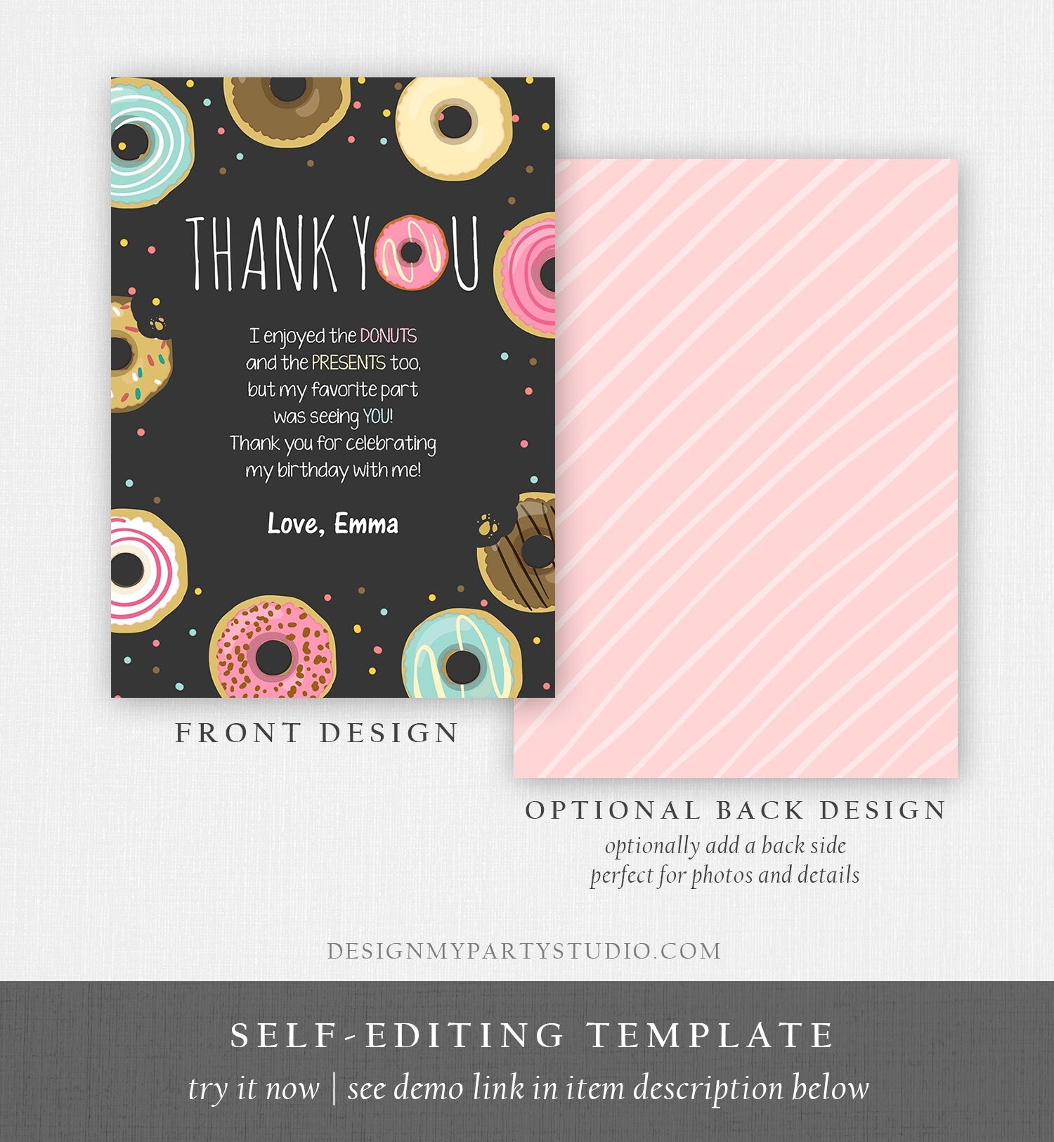 Editable Donut Thank You Card Note Pink Girl Birthday Party Doughnut Thank You Photo Sweet First Birthday 1st Corjl Template Printable 0050