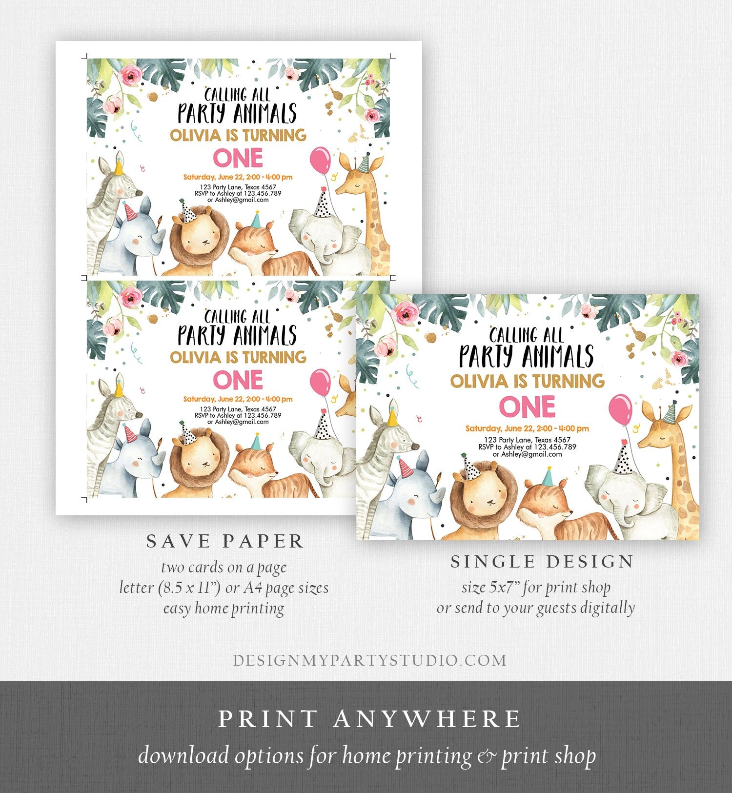 Editable Party Animals Birthday Invitation Wild One Animals Invitation Zoo Safari Animals Girl Pink Download Printable Invite Template 0163