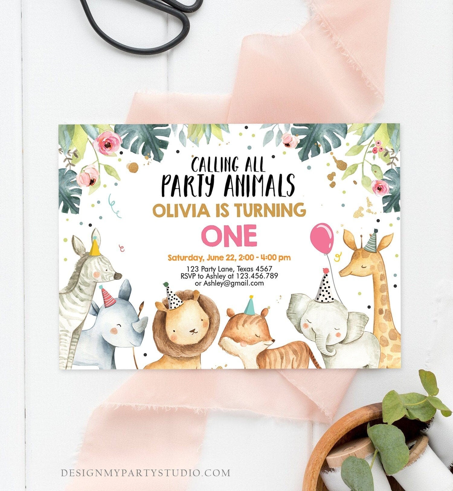 Editable Party Animals Birthday Invitation Wild One Animals Invitation Zoo Safari Animals Girl Pink Download Printable Invite Template 0163