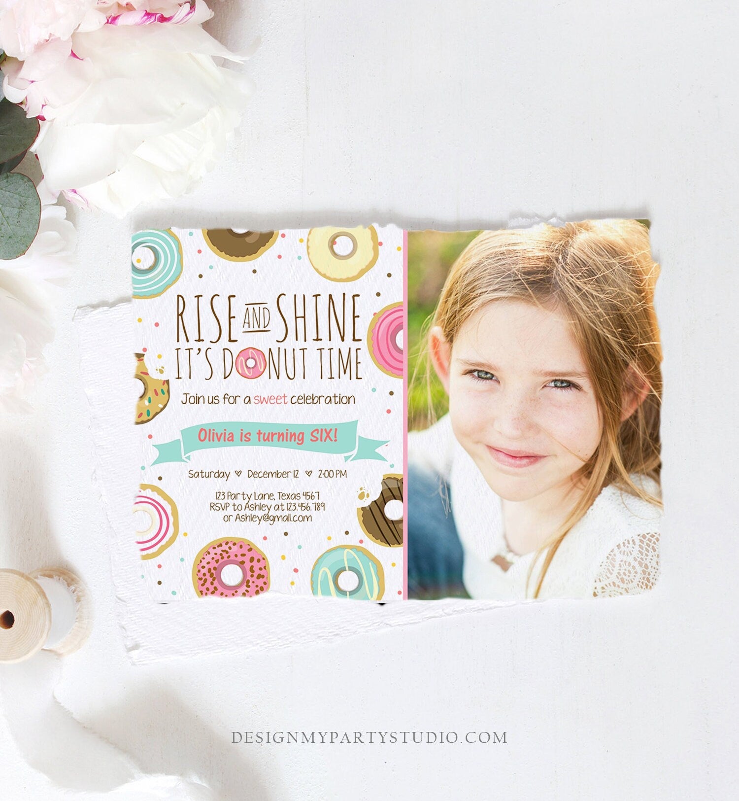 Editable Rise and Shine Donut Time Birthday Invitation ANY AGE Sweet Girl Birthday Party Pink Doughnut Digital Corjl Template Printable 0050