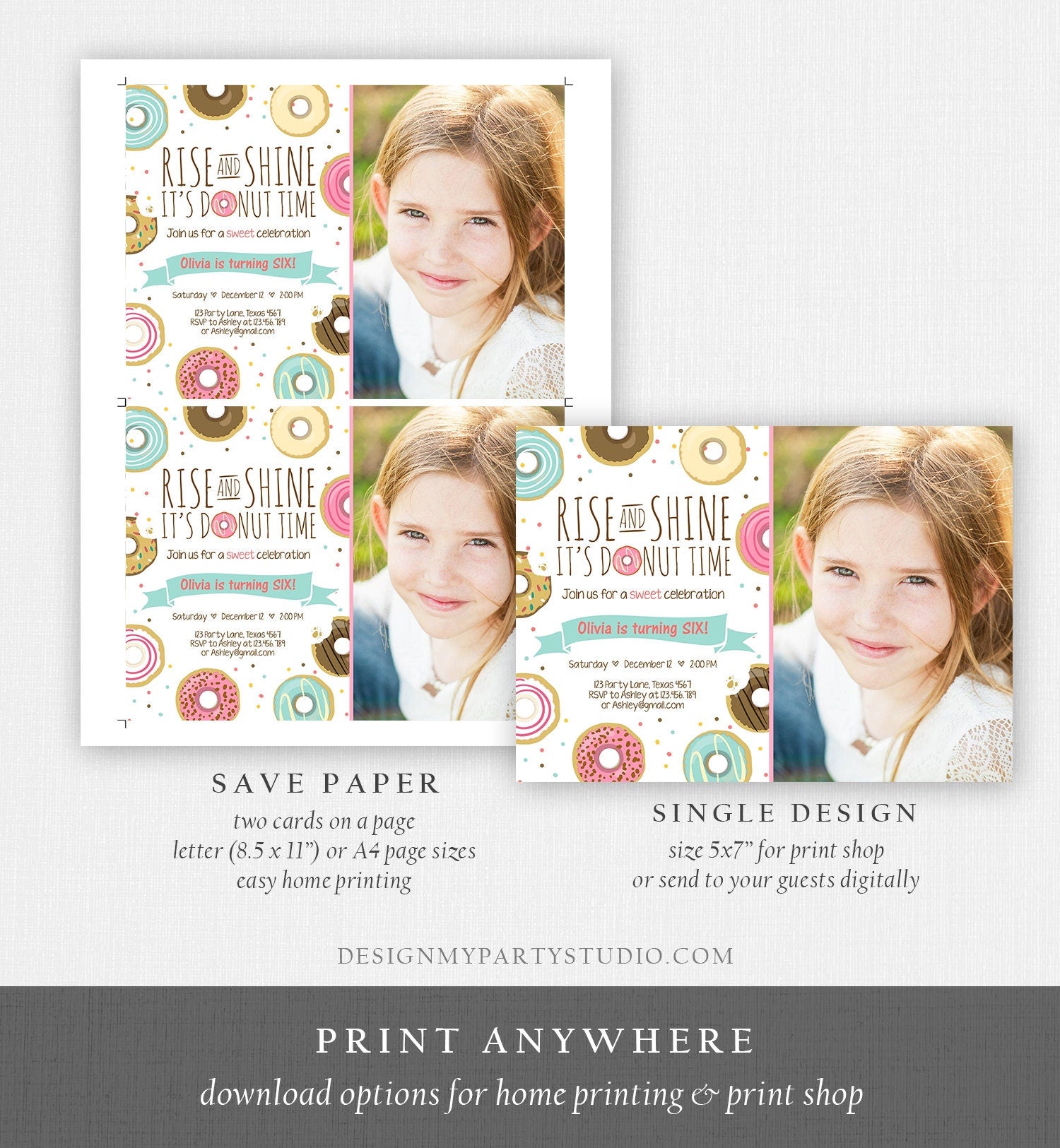 Editable Rise and Shine Donut Time Birthday Invitation ANY AGE Sweet Girl Birthday Party Pink Doughnut Digital Corjl Template Printable 0050