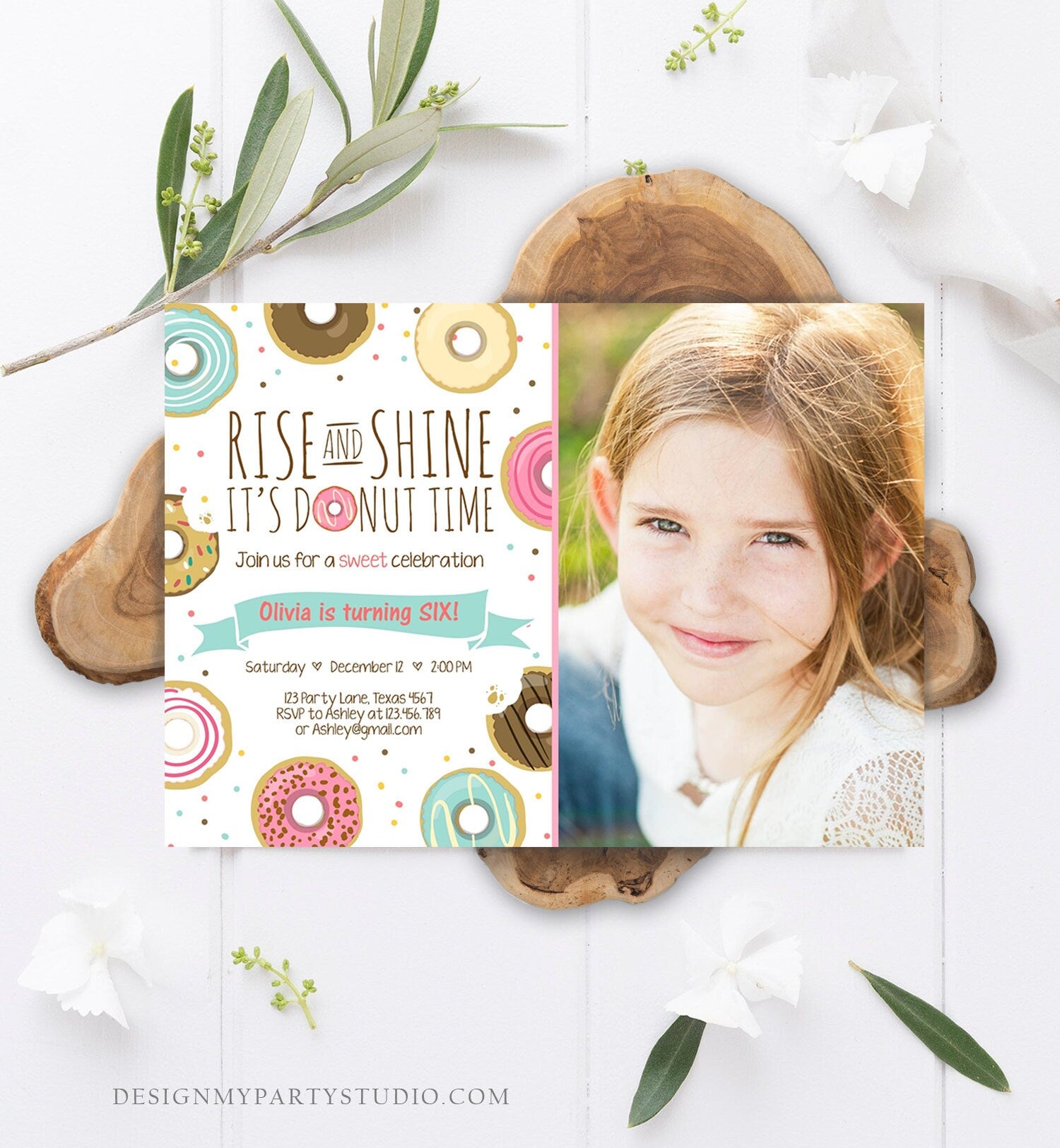 Editable Rise and Shine Donut Time Birthday Invitation ANY AGE Sweet Girl Birthday Party Pink Doughnut Digital Corjl Template Printable 0050