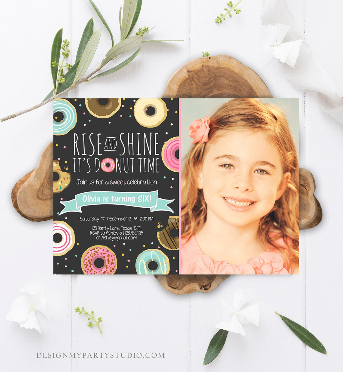 Editable Rise and Shine Donut Time Birthday Invitation ANY AGE Sweet Girl Birthday Party Pink Doughnut Digital Corjl Template Printable 0050