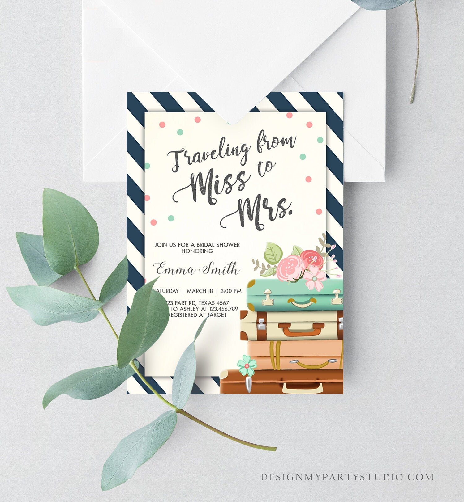 Editable Bridal Shower Invitation Miss to Mrs Travel World Map Suitcase Vintage Adventure Download Printable Template Corjl Digital 0044