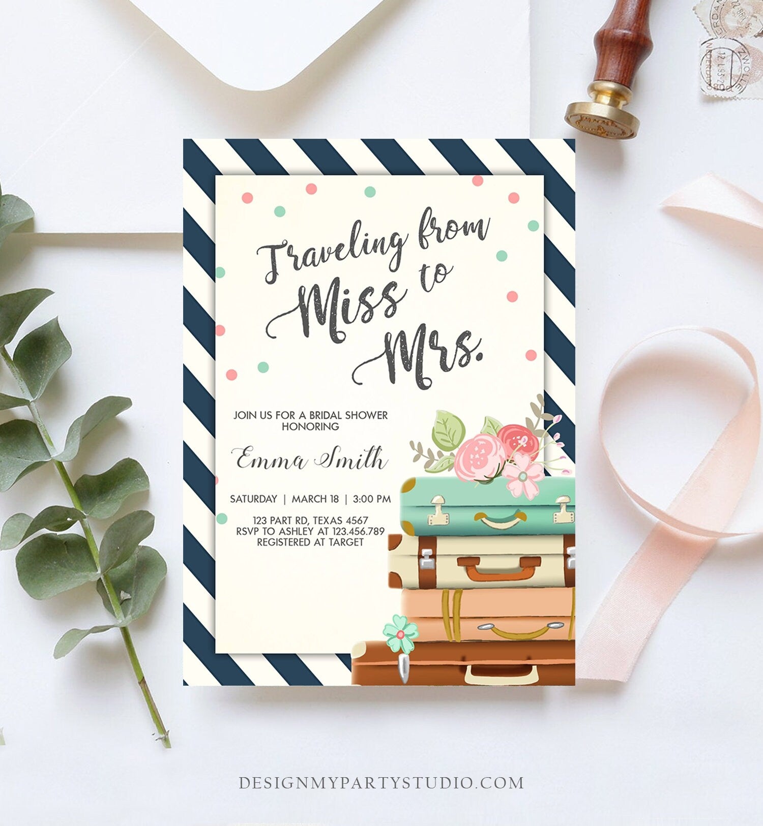 Editable Bridal Shower Invitation Miss to Mrs Travel World Map Suitcase Vintage Adventure Download Printable Template Corjl Digital 0044