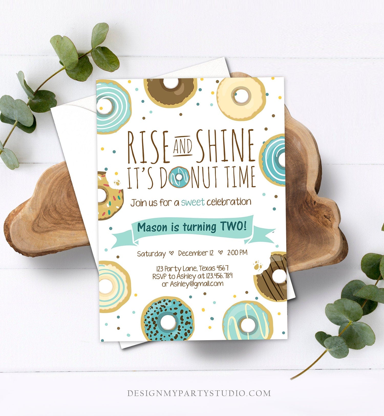 Editable Rise and Shine Donut Time Birthday Invitation ANY AGE Sweet Boy Birthday Party Blue Doughnut Digital Corjl Template Printable 0050