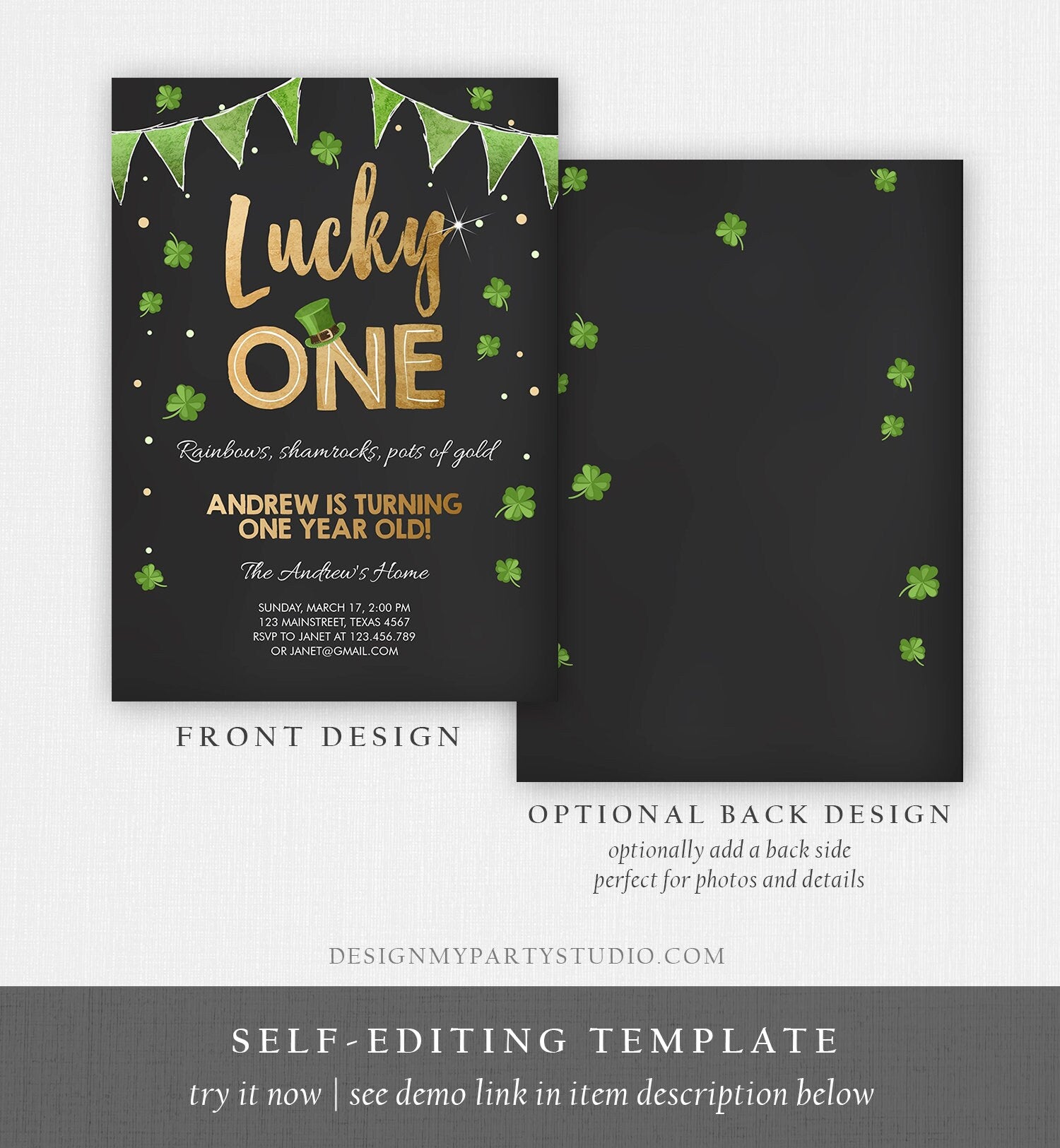 Editable St. Patrick's Day Birthday Invitation Shamrock Clover St Patricks day Birthday Lucky One Printable Invite Template Corjl 0115