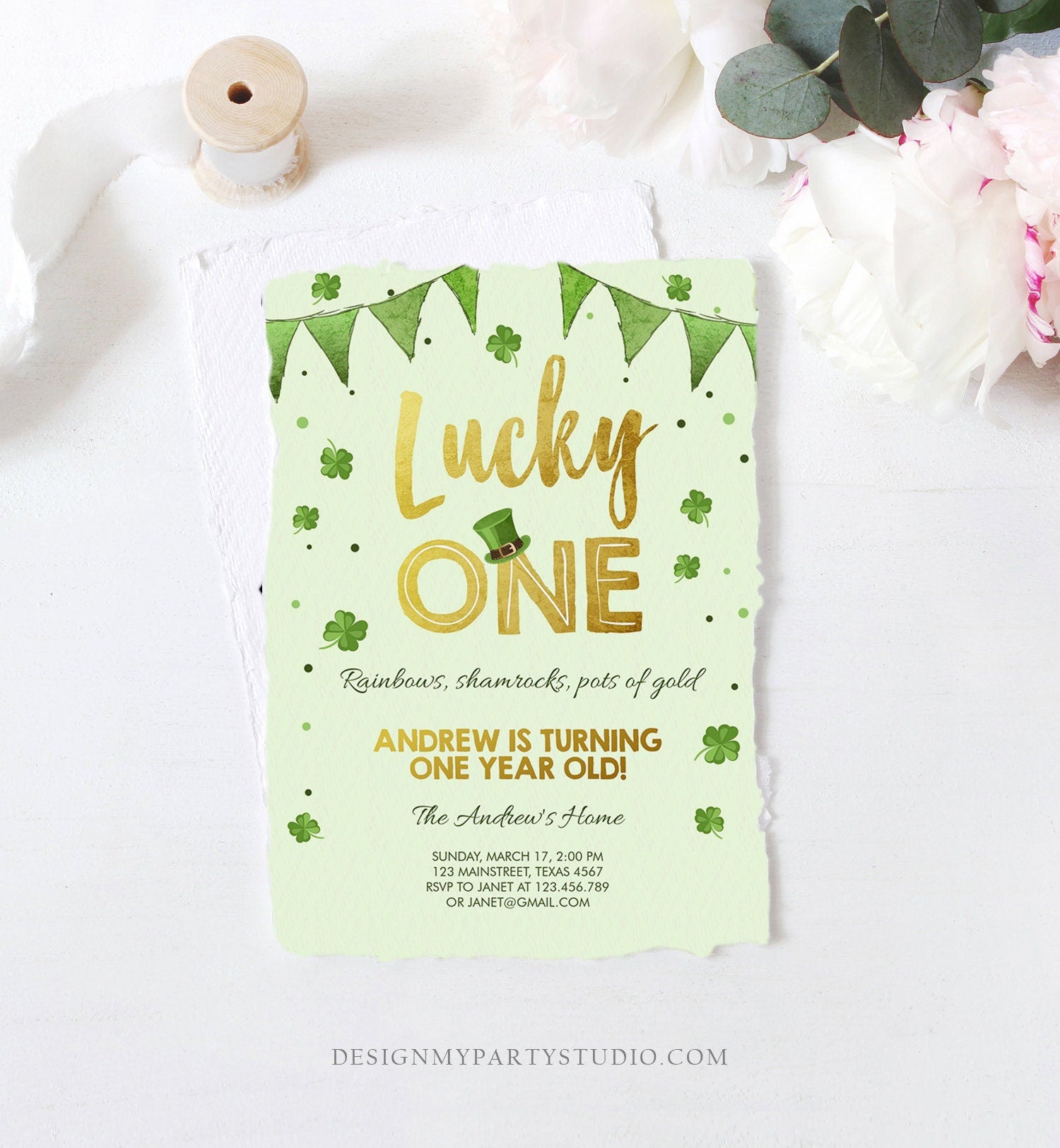 Editable St. Patrick's Day Birthday Invitation Shamrock Clover St Patricks day Birthday Lucky One Printable Invite Template Corjl 0115