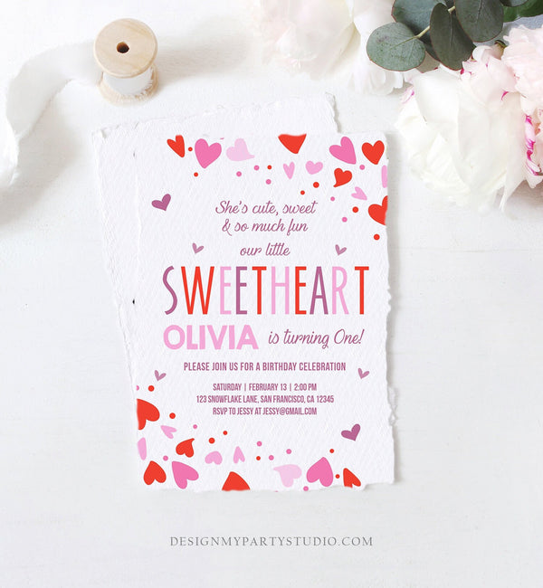 Heart Birthday Invitation, Sweetheart Invitation, Child's Birthday, First, Second, Third, Our Little Sweetheart, Turning One, 2024 Two, Three