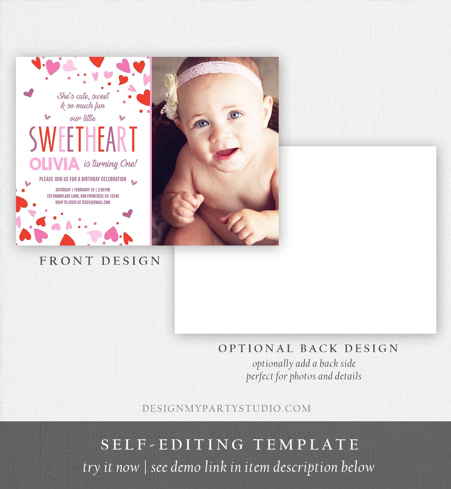 Editable Little Sweetheart Birthday Invitation Valentine Girl Hearts Pink Purple First Birthday 1st Download Corjl Template Printable 0288