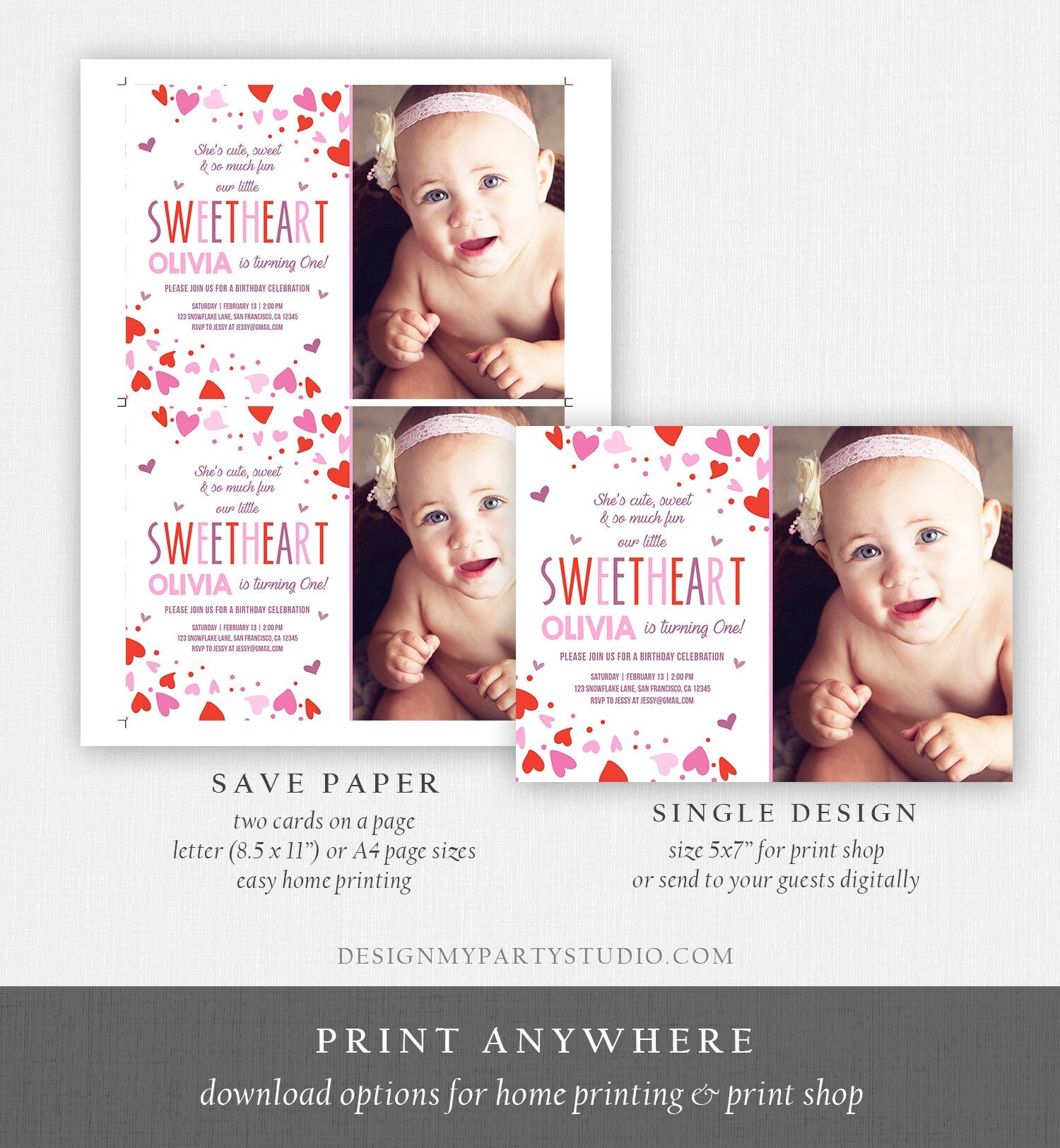 Editable Little Sweetheart Birthday Invitation Valentine Girl Hearts Pink Purple First Birthday 1st Download Corjl Template Printable 0288