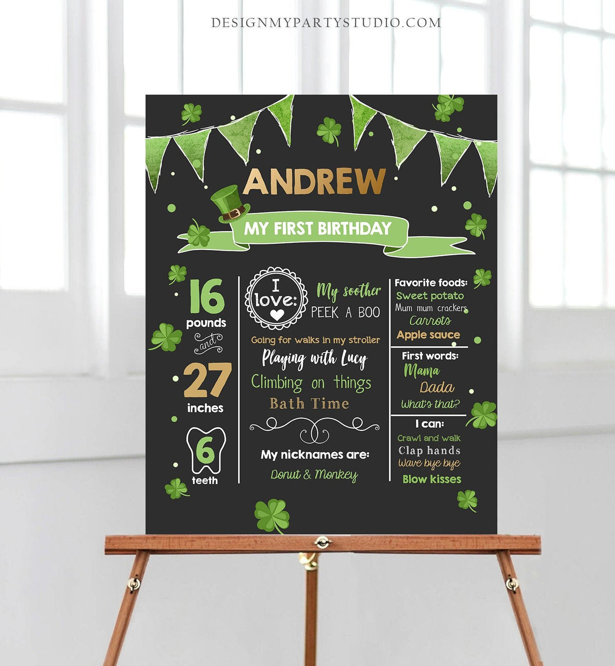 Editable St Patricks Day Milestones Sign Lucky One Birthday Shamrock 1st Birthday Gold Green Clover Chalkboard Template Printable Corjl 0115