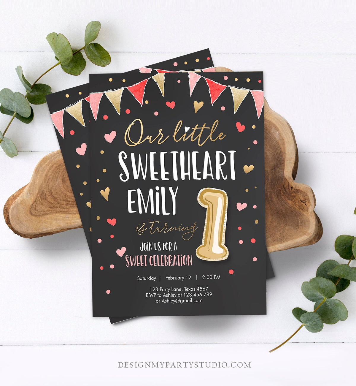 Editable Little Sweetheart Birthday Invitation Valentine Girl Hearts Pink Gold First Birthday 1st Download Corjl Template Printable 0290