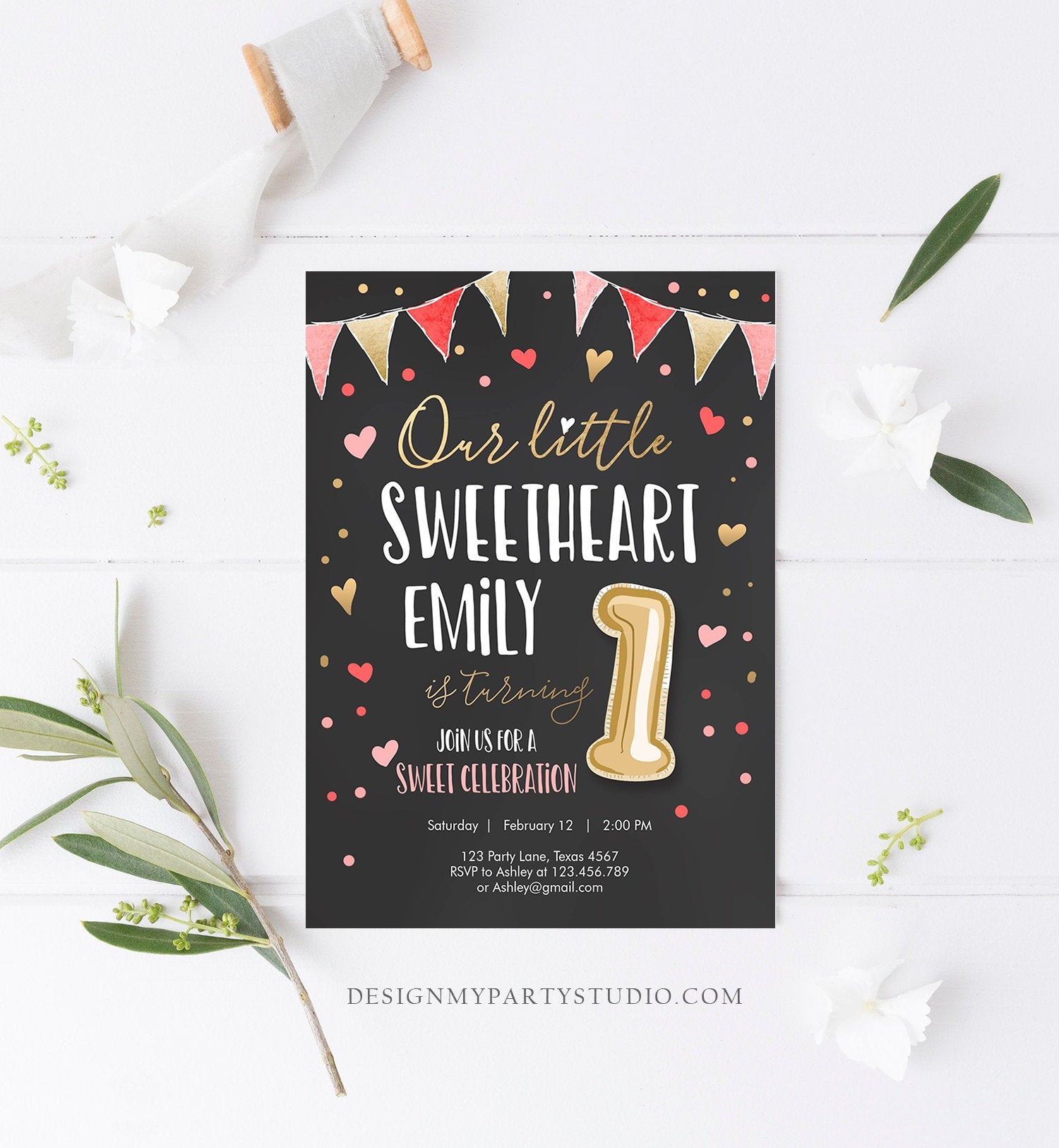 Editable Little Sweetheart Birthday Invitation Valentine Girl Hearts Pink Gold First Birthday 1st Download Corjl Template Printable 0290