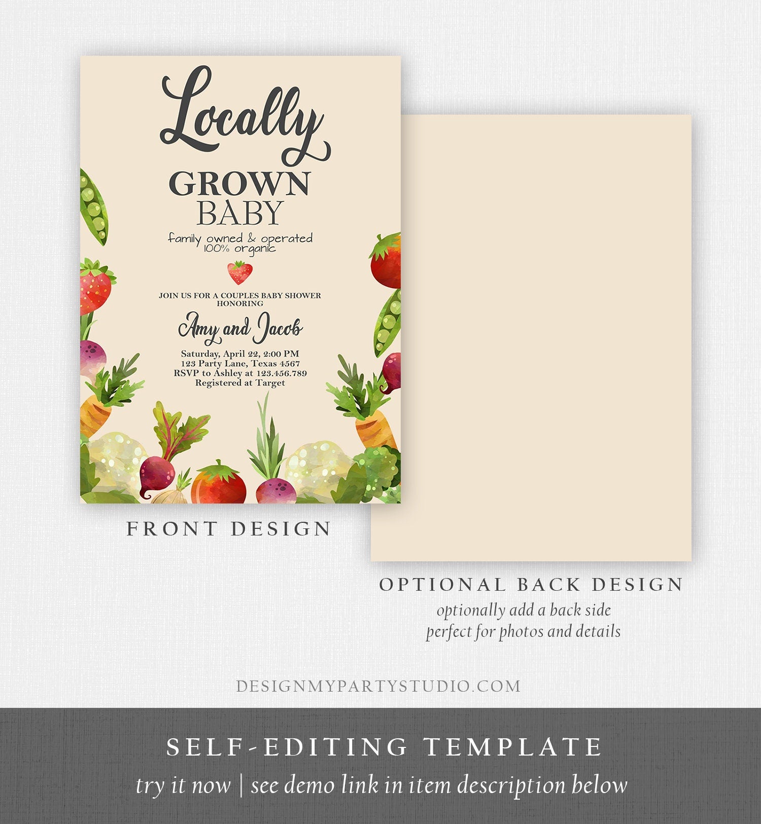 Editable Baby Shower Invitation Locally Grown Farmers Market Baby Shower Couples Vegetable Download Printable Invite Template Corjl 0144