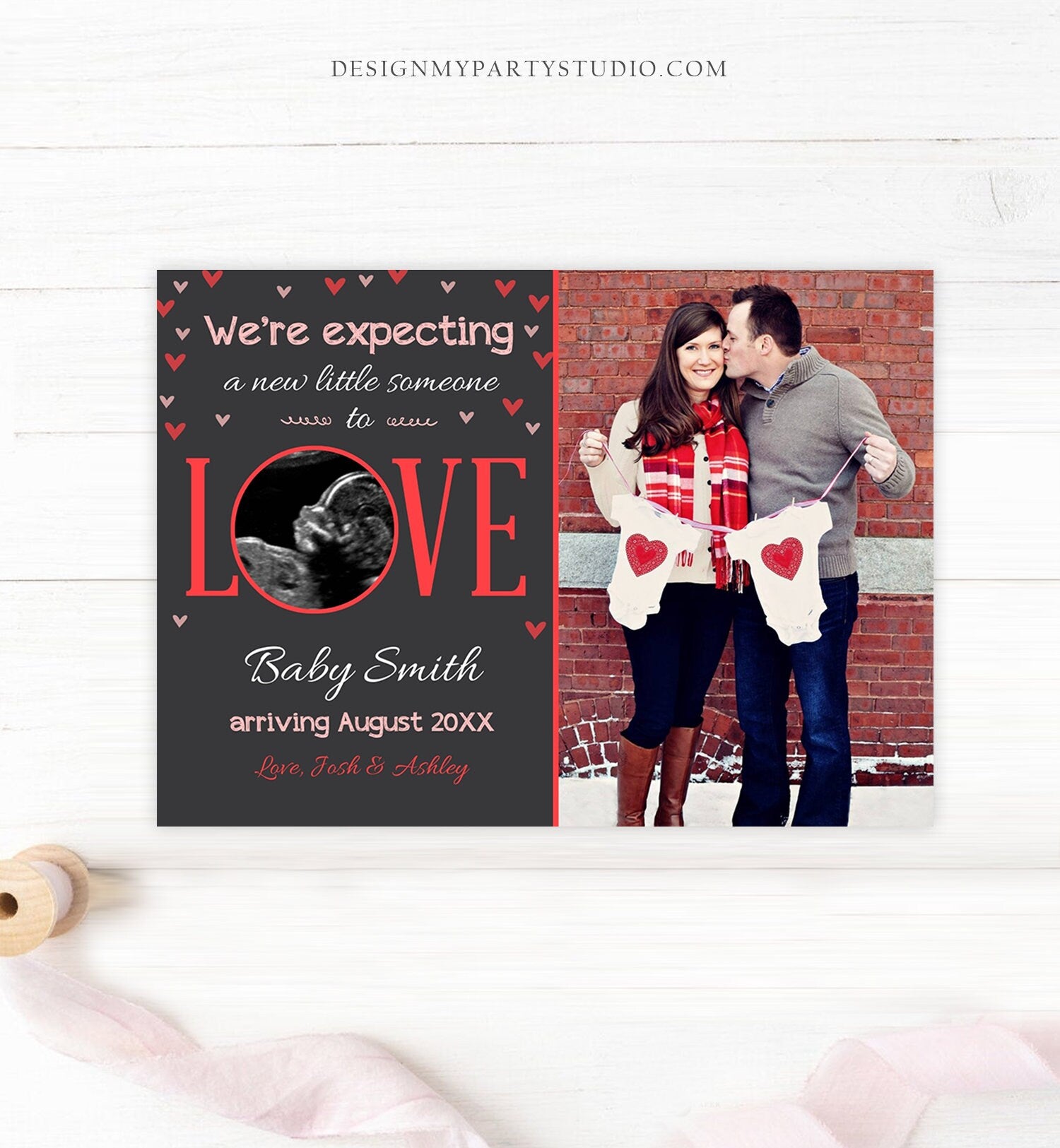 Editable Love Pregnancy Reveal Announcement Valentine Hearts Baby on the Way Pregnant Pink Girl Download Corjl Template Printable 0291