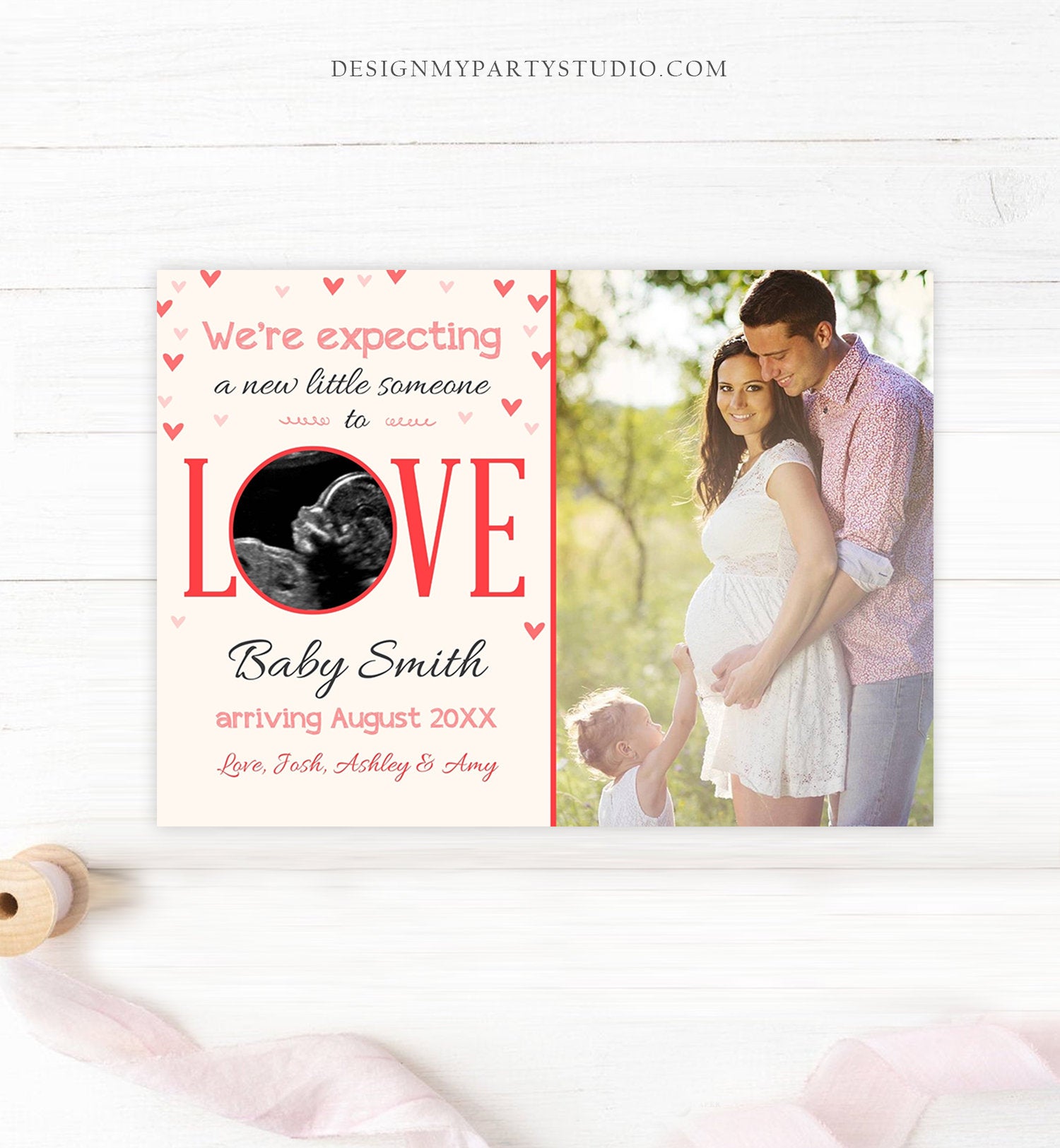 Editable Love Pregnancy Reveal Announcement Valentine Hearts Baby on the Way Pregnant Pink Girl Download Corjl Template Printable 0291