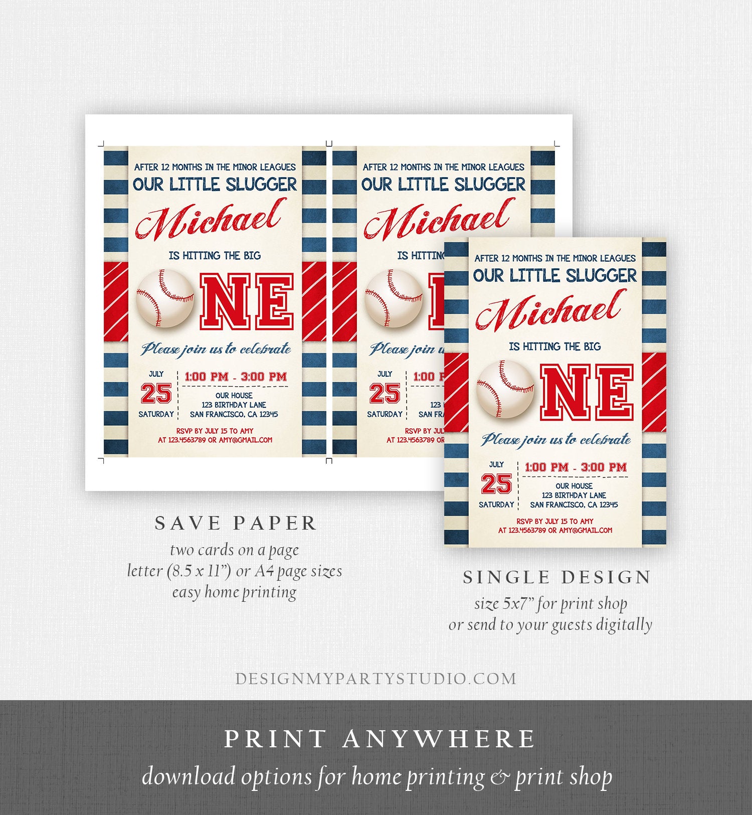 Editable Baseball First Birthday Invitation Boy Little Slugger Rookie of The Year Download Printable Invitation Template Digital Corjl 0069