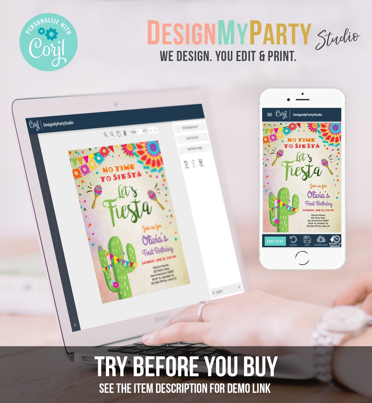 Editable Let's Fiesta Birthday Invitation No Time To Siesta Girl Cactus Samba Confetti First Birthday Download Corjl Template Printable 0045