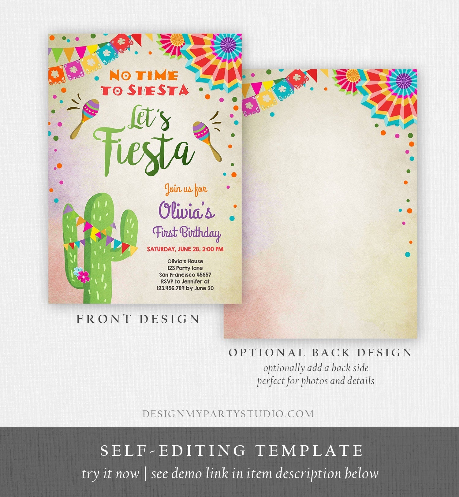 Editable Let's Fiesta Birthday Invitation No Time To Siesta Girl Cactus Samba Confetti First Birthday Download Corjl Template Printable 0045