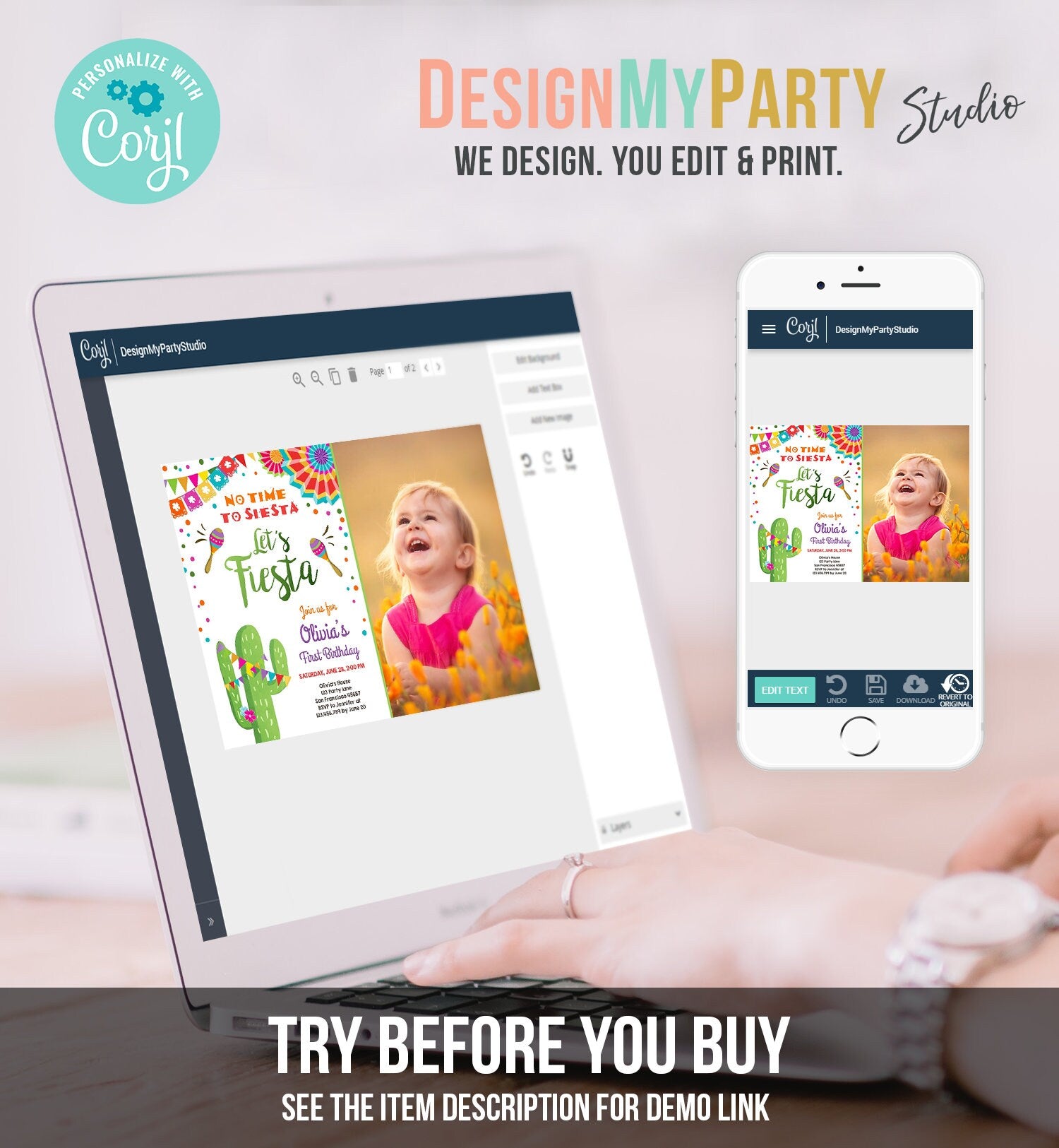 Editable Let's Fiesta Birthday Invitation No Time To Siesta Girl Cactus Samba Confetti First Birthday Photo Corjl Template Printable 0045