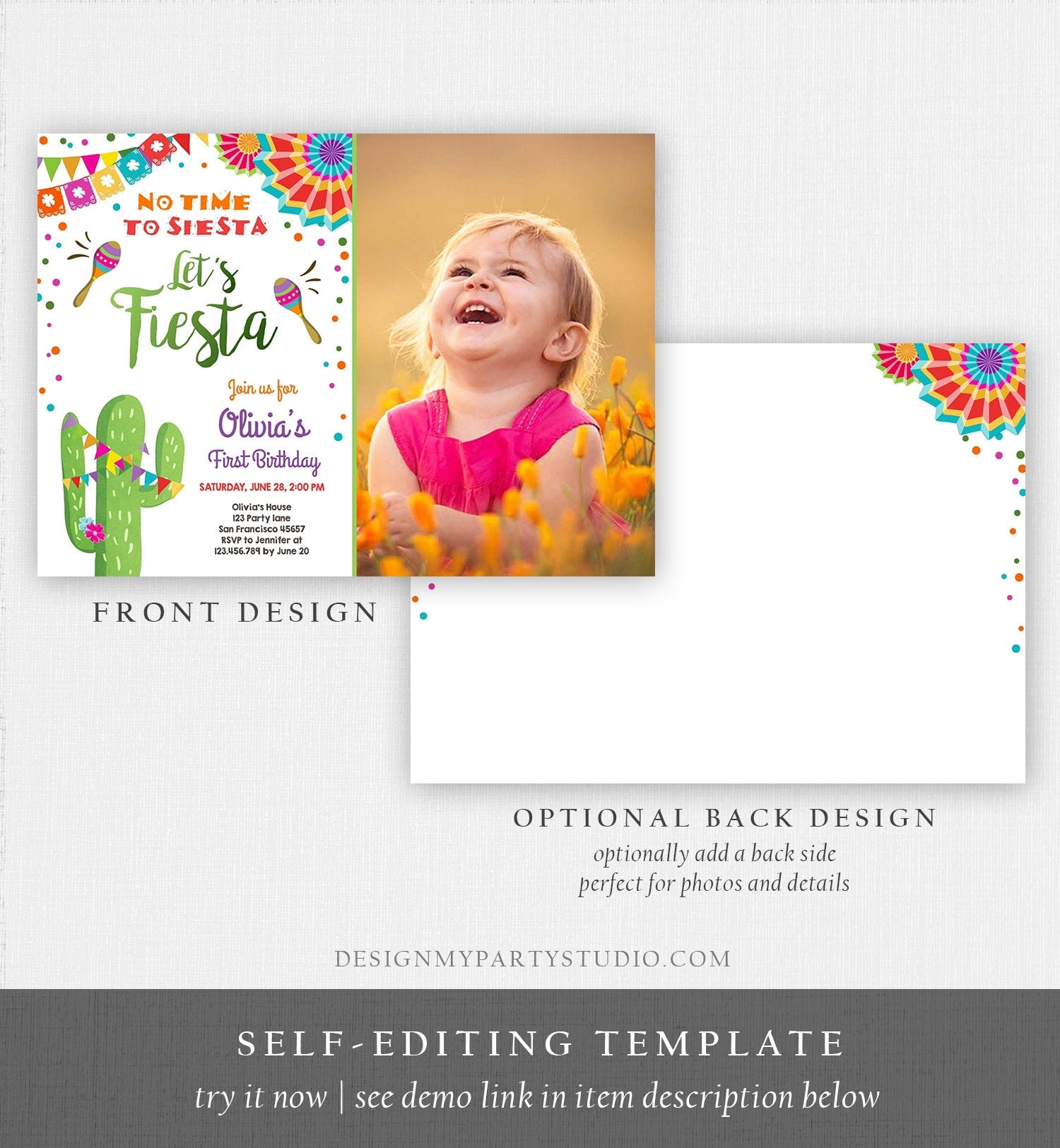 Editable Let's Fiesta Birthday Invitation No Time To Siesta Girl Cactus Samba Confetti First Birthday Photo Corjl Template Printable 0045