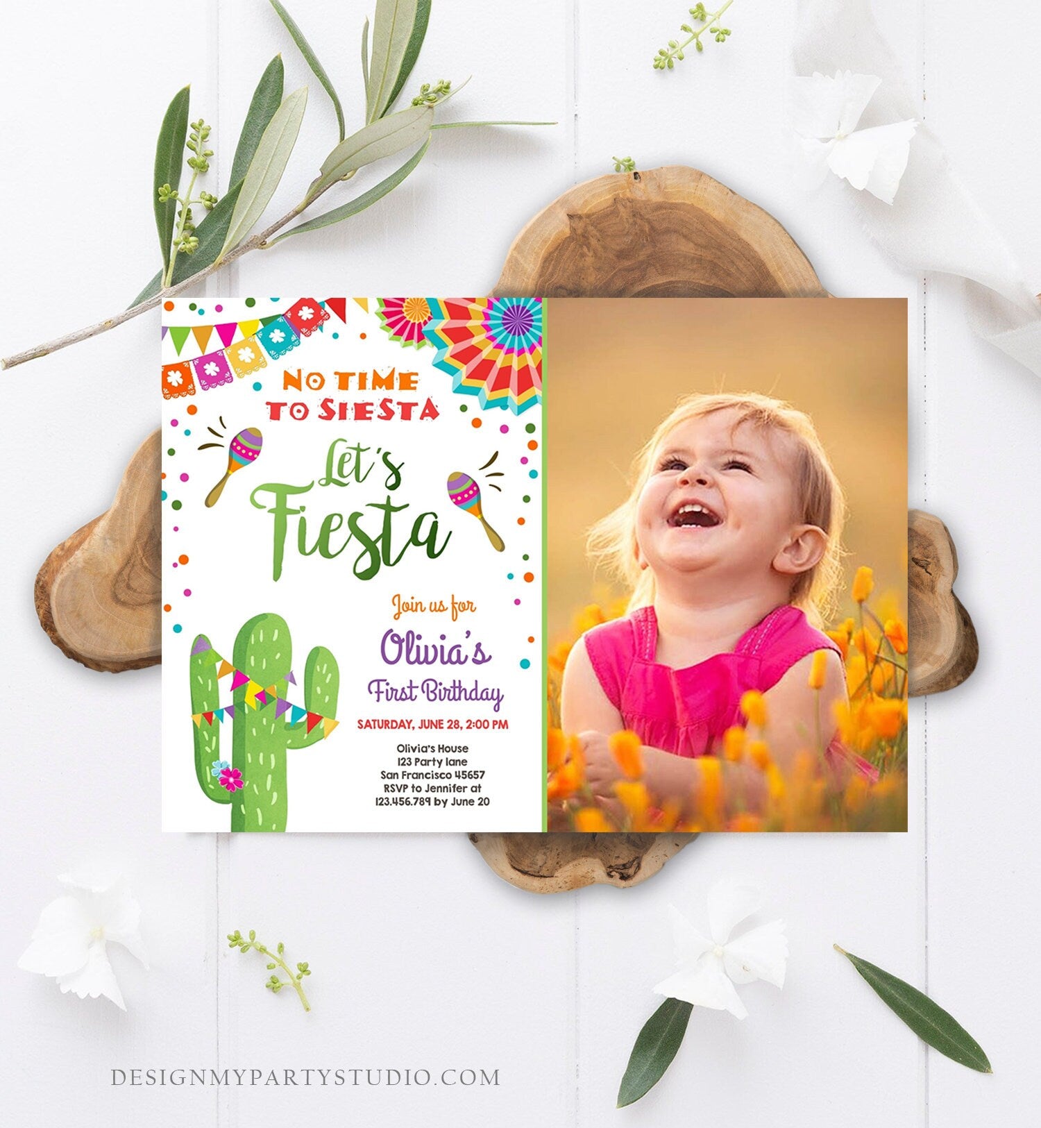 Editable Let's Fiesta Birthday Invitation No Time To Siesta Girl Cactus Samba Confetti First Birthday Photo Corjl Template Printable 0045