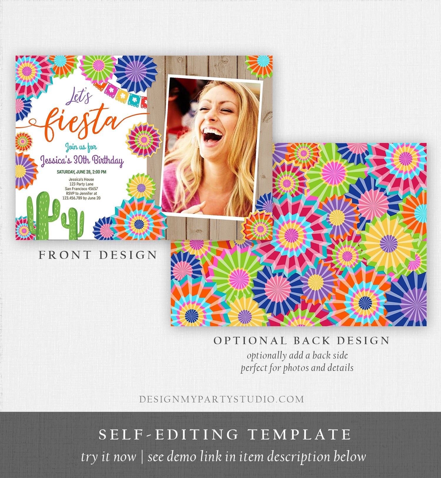 Editable Let's Fiesta Birthday Invitation ANY AGE Girl Woman Adult 30th Cactus Cinco Mayo Mexican Party Photo Corjl Template Printable 0236